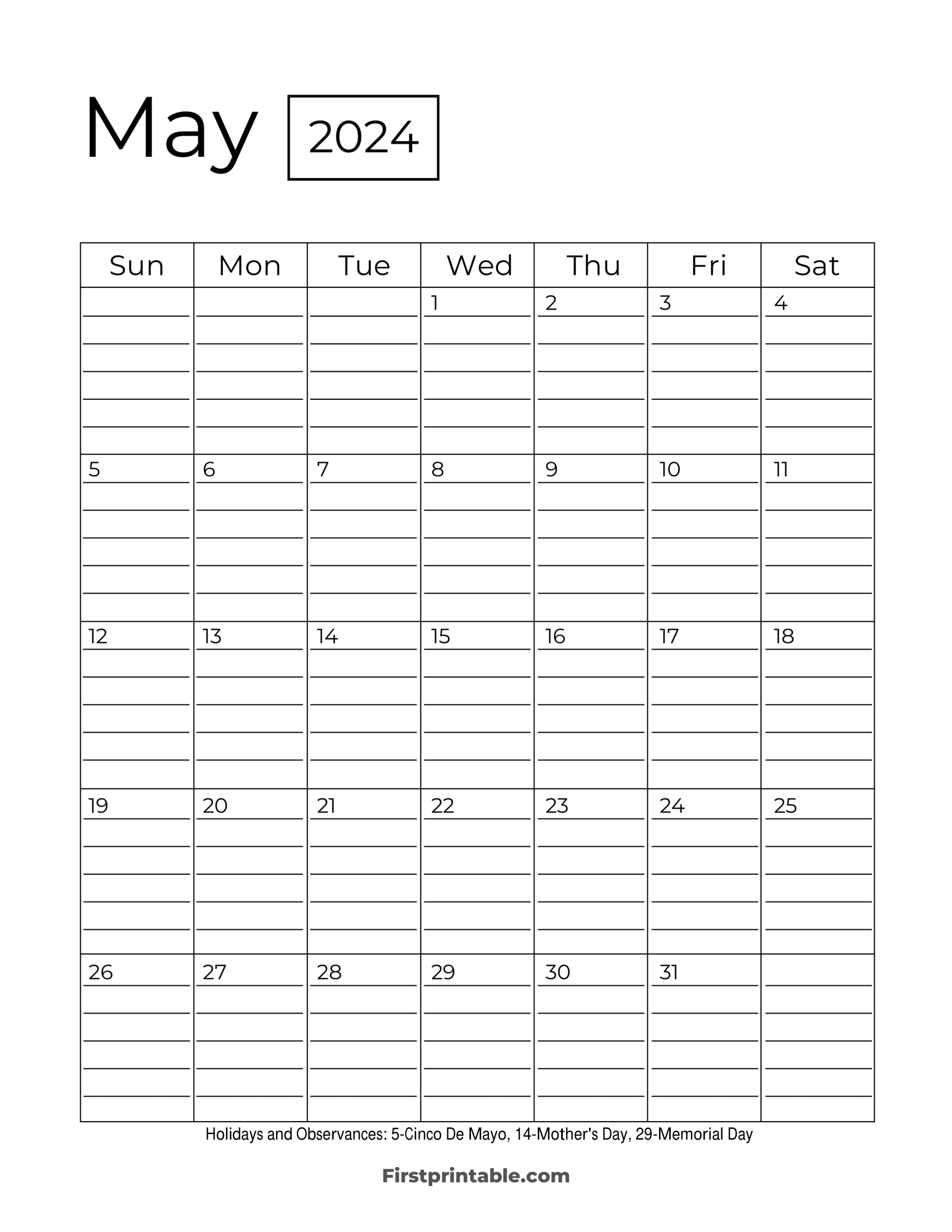 Free Printable & Fillable May Calendar 2024