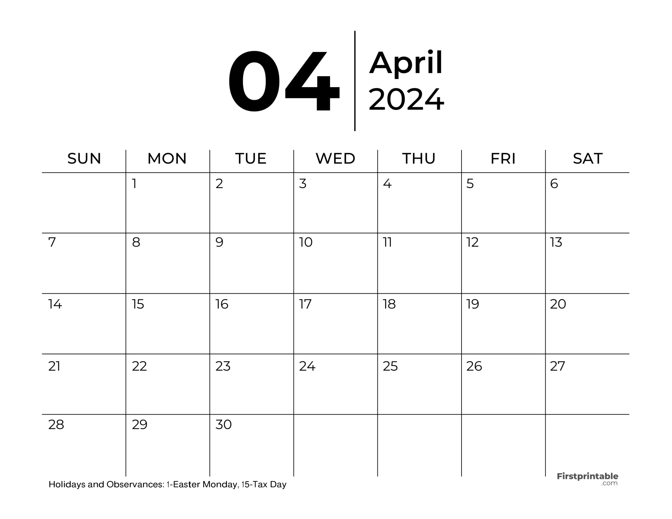 Free Printable & Fillable April Calendar 2024