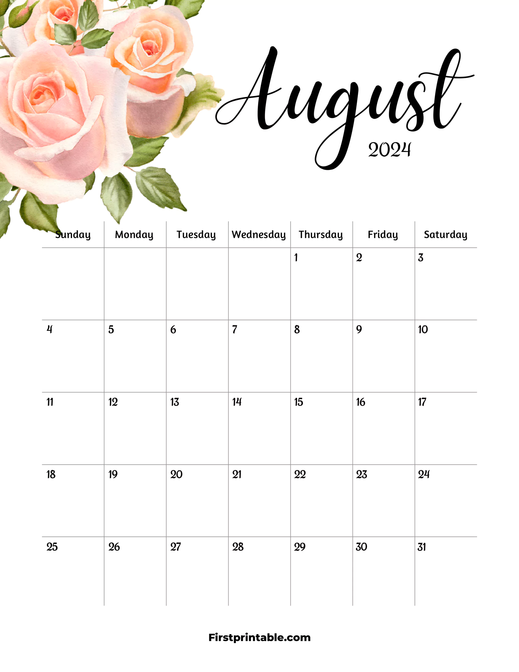 August Calendar 2024 Floral printable & Fillable with Holidays