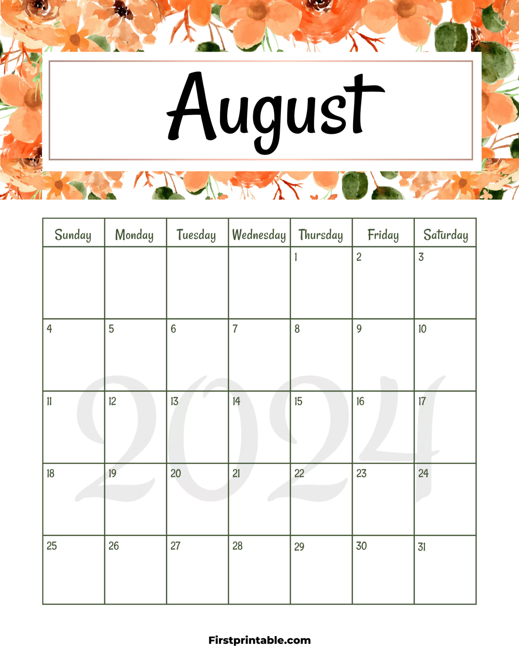 August Calendar 2024 Printable & Fillable Floral with US Holidays