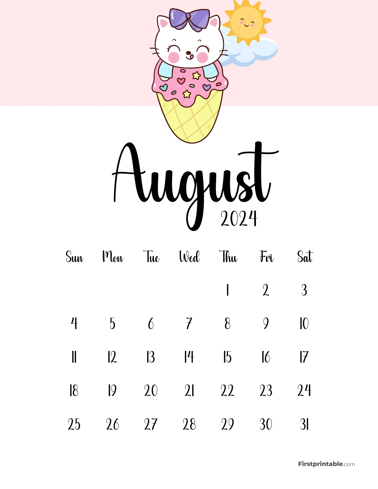 Cute Cat Calendar Printable - August