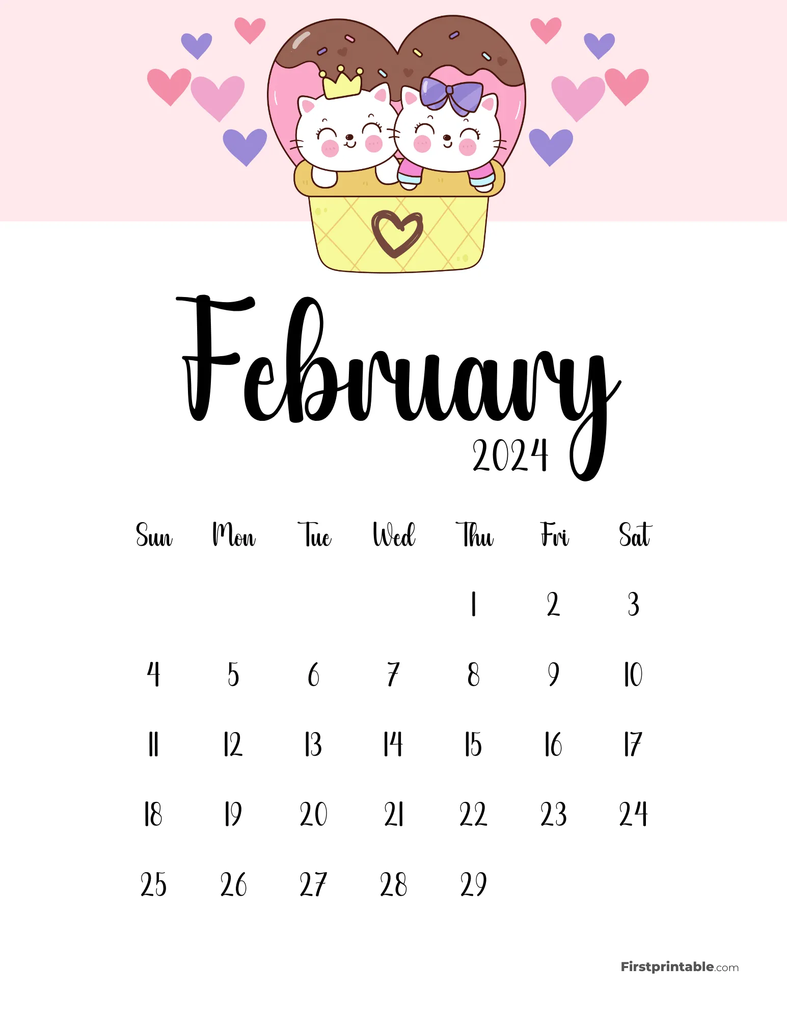 Cute Cat Calendar Printable - February