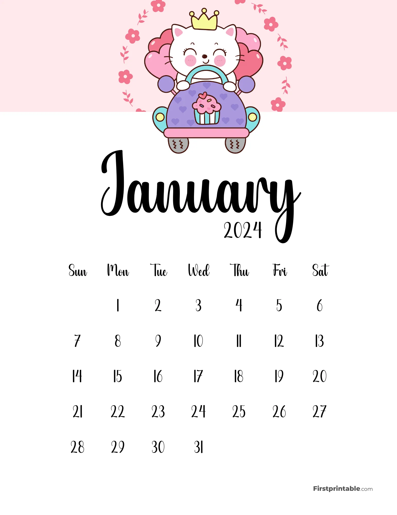 Cute Cat Calendar Printable - January