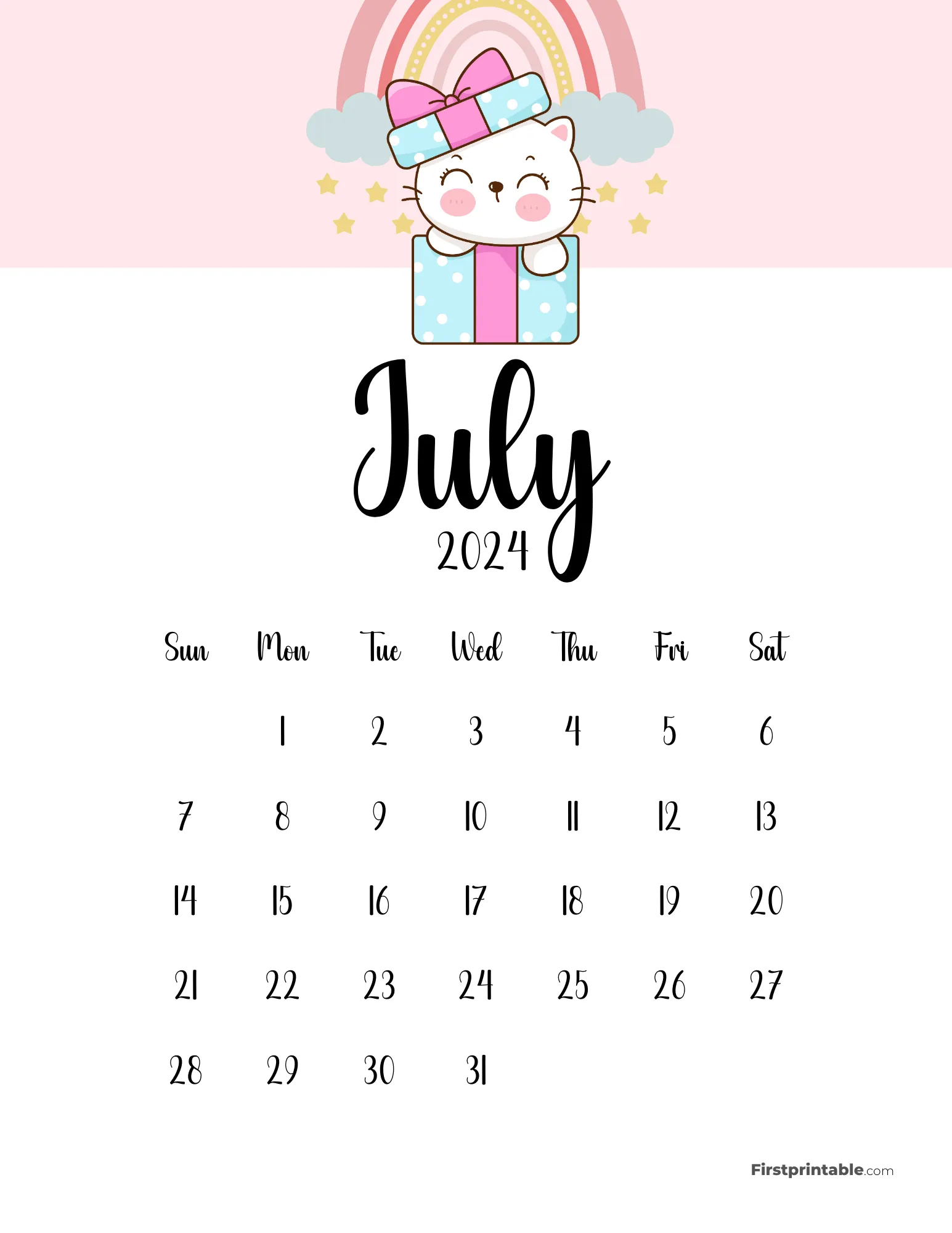 Cute Cat Calendar Printable - July