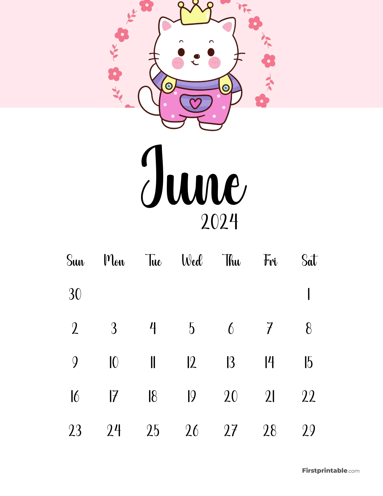 Cute Cat Calendar Printable - June