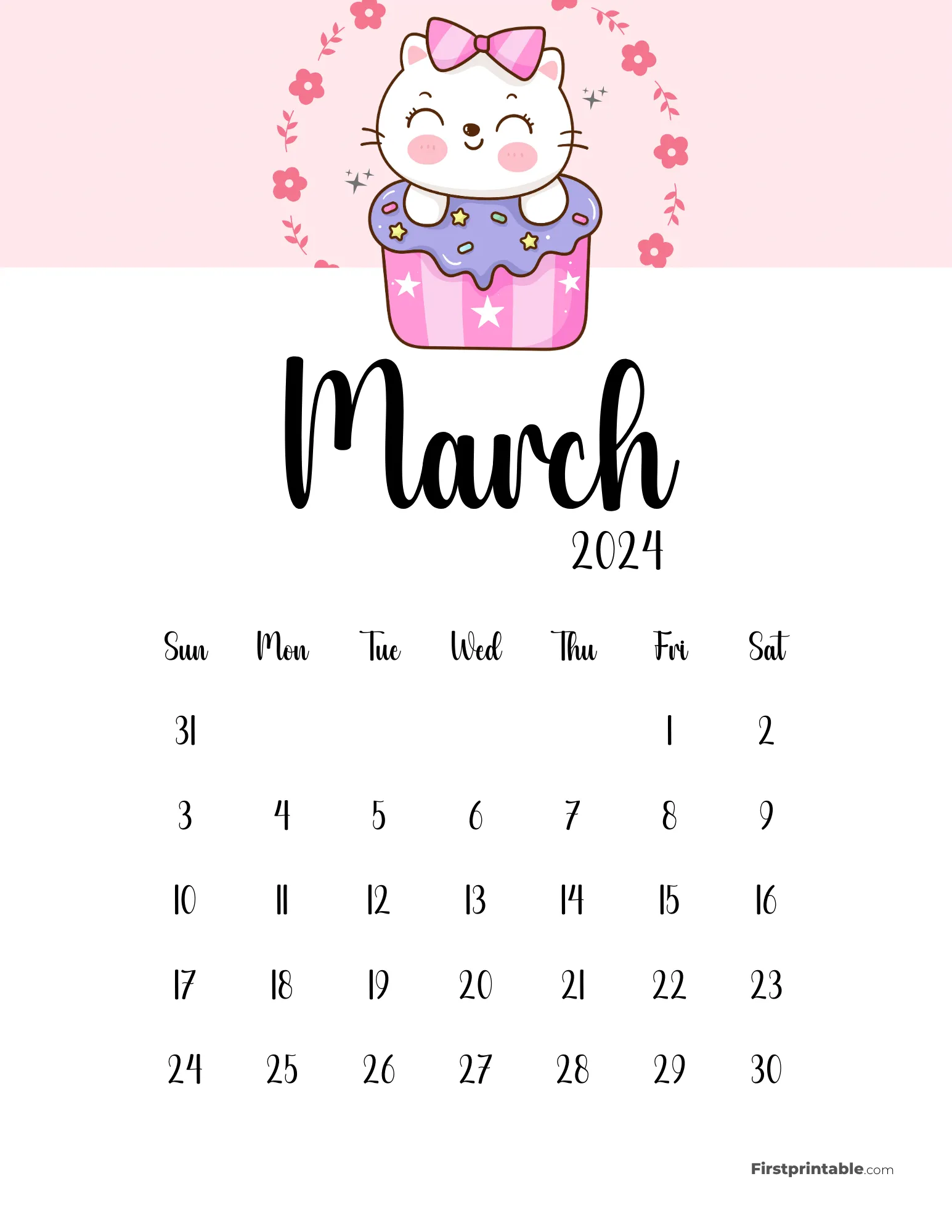 Cute Cat Calendar Printable - March