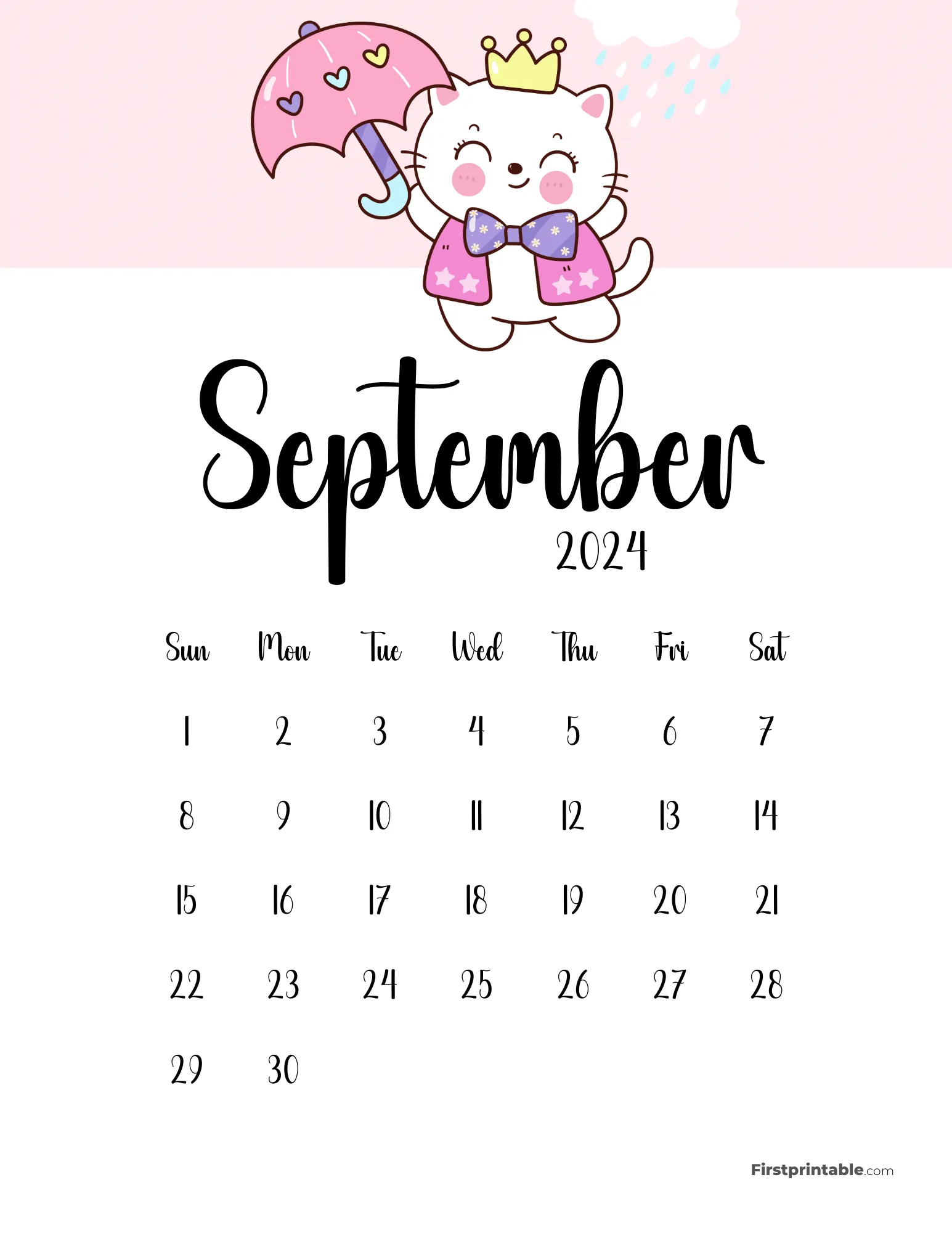 Cute Cat Calendar Printable - September