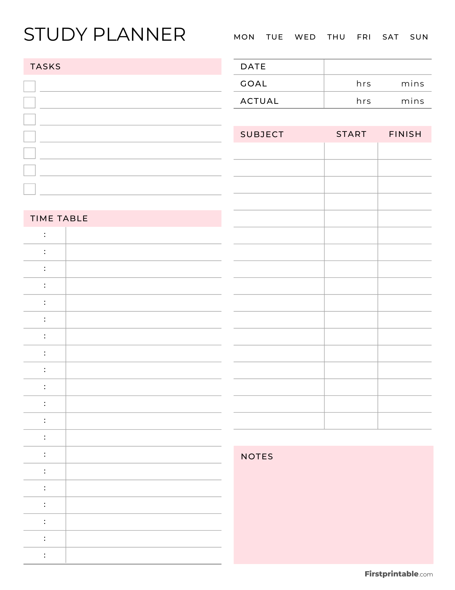 Printable Daily Study Planner Pink