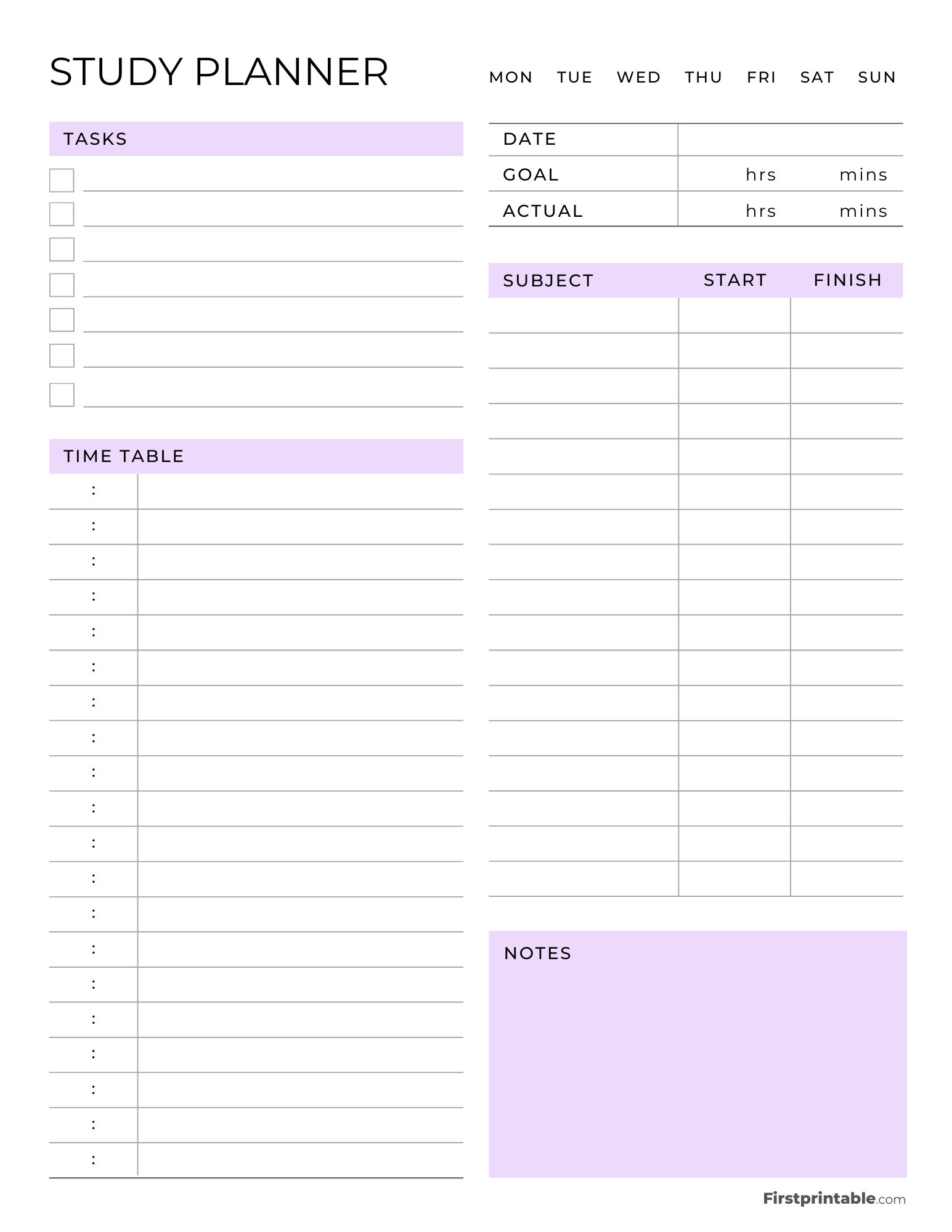 Printable Daily Study Planner Purple