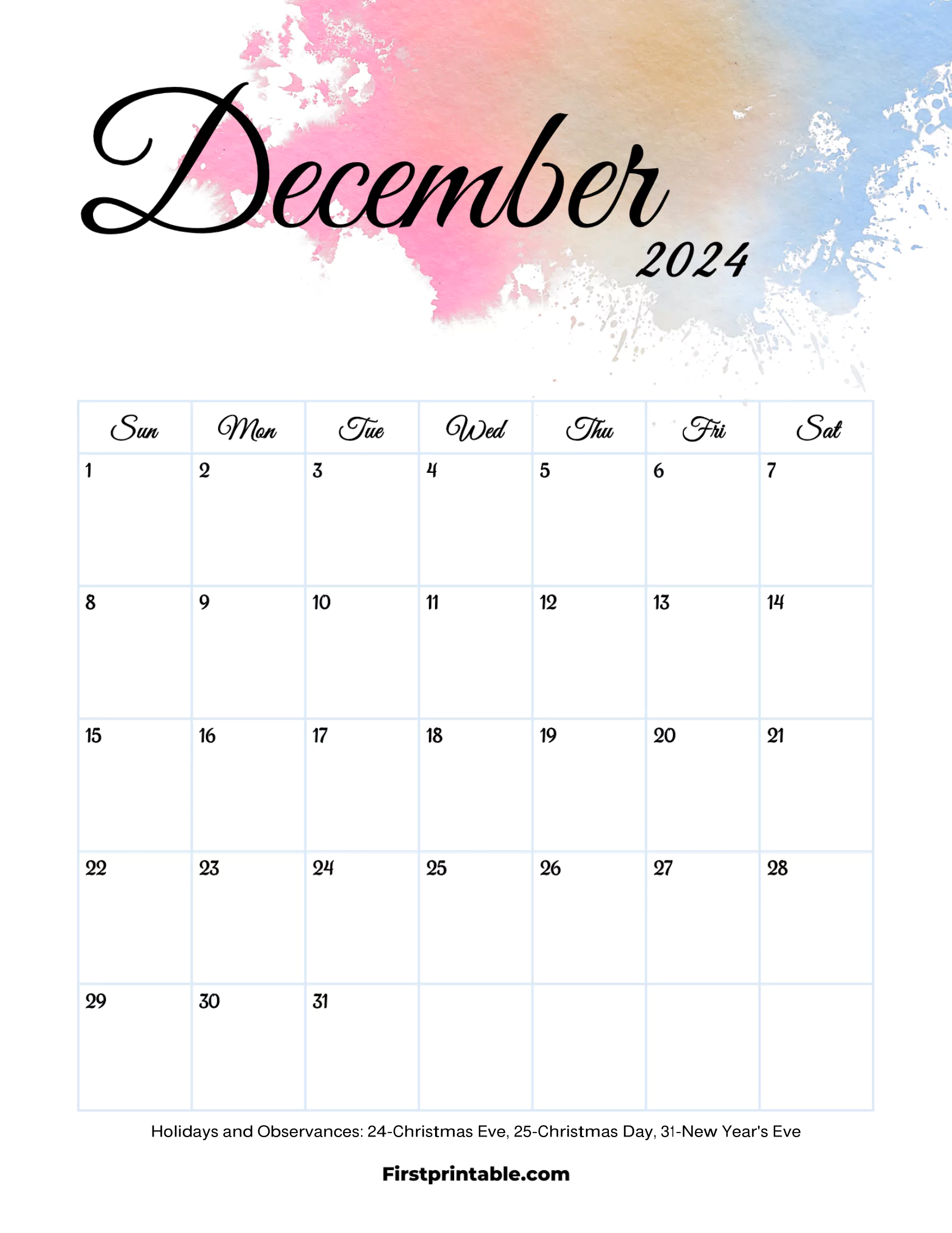 December Calendar 2024 Aesthetic Printable & Fillable