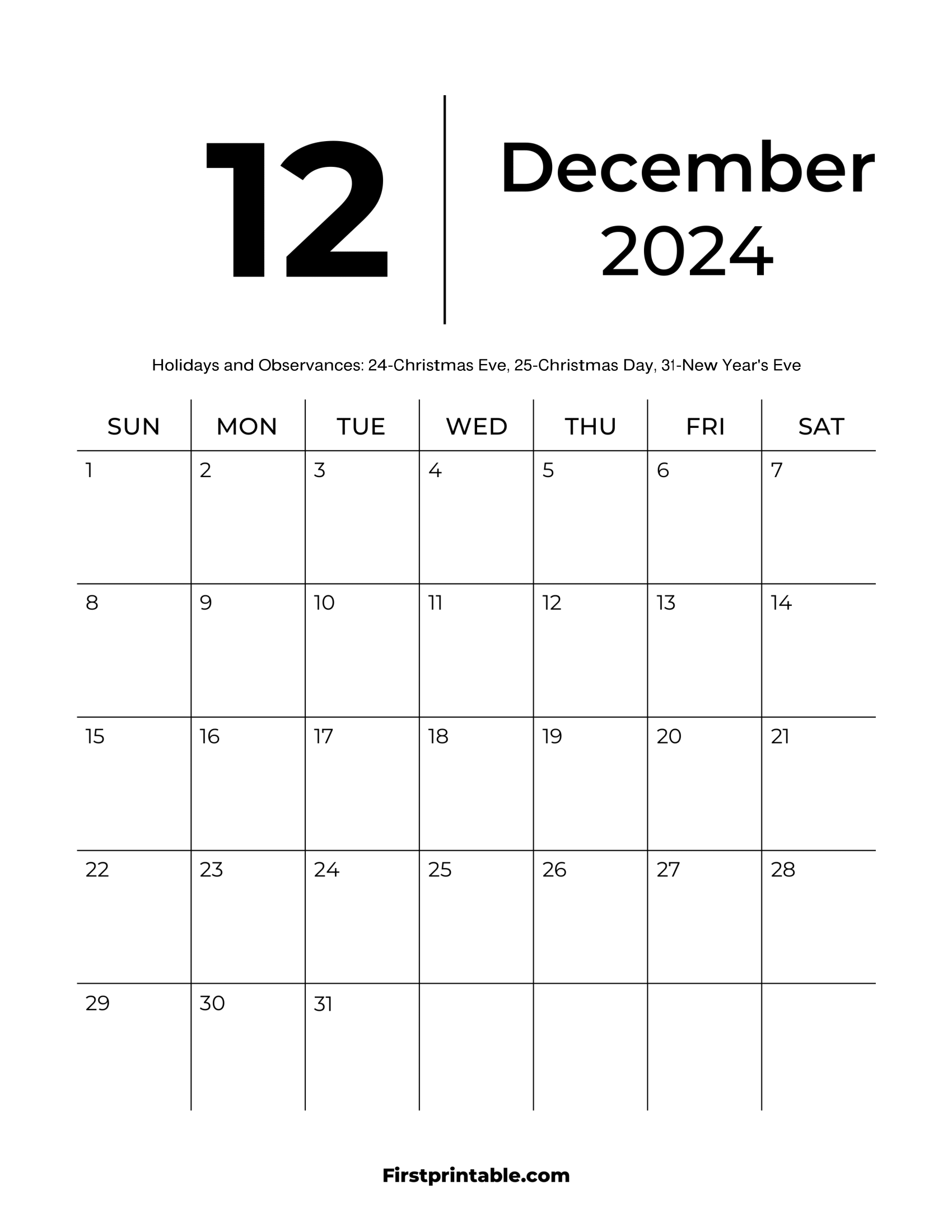 December Calendar 2024 Blank with Holidays Printable & fillable pdf