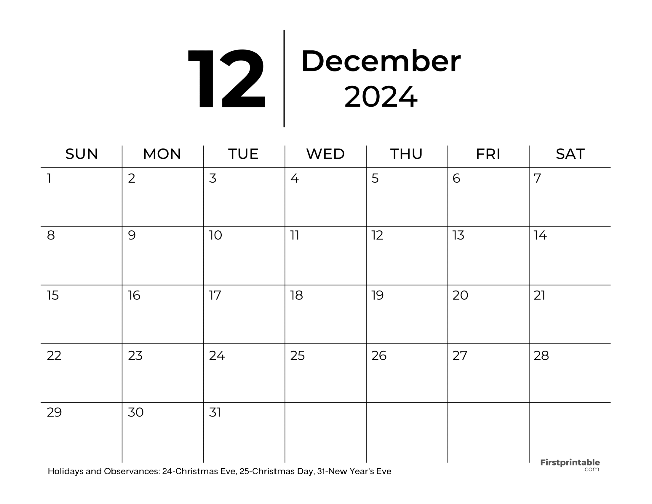 December Calendar 2024 Blank