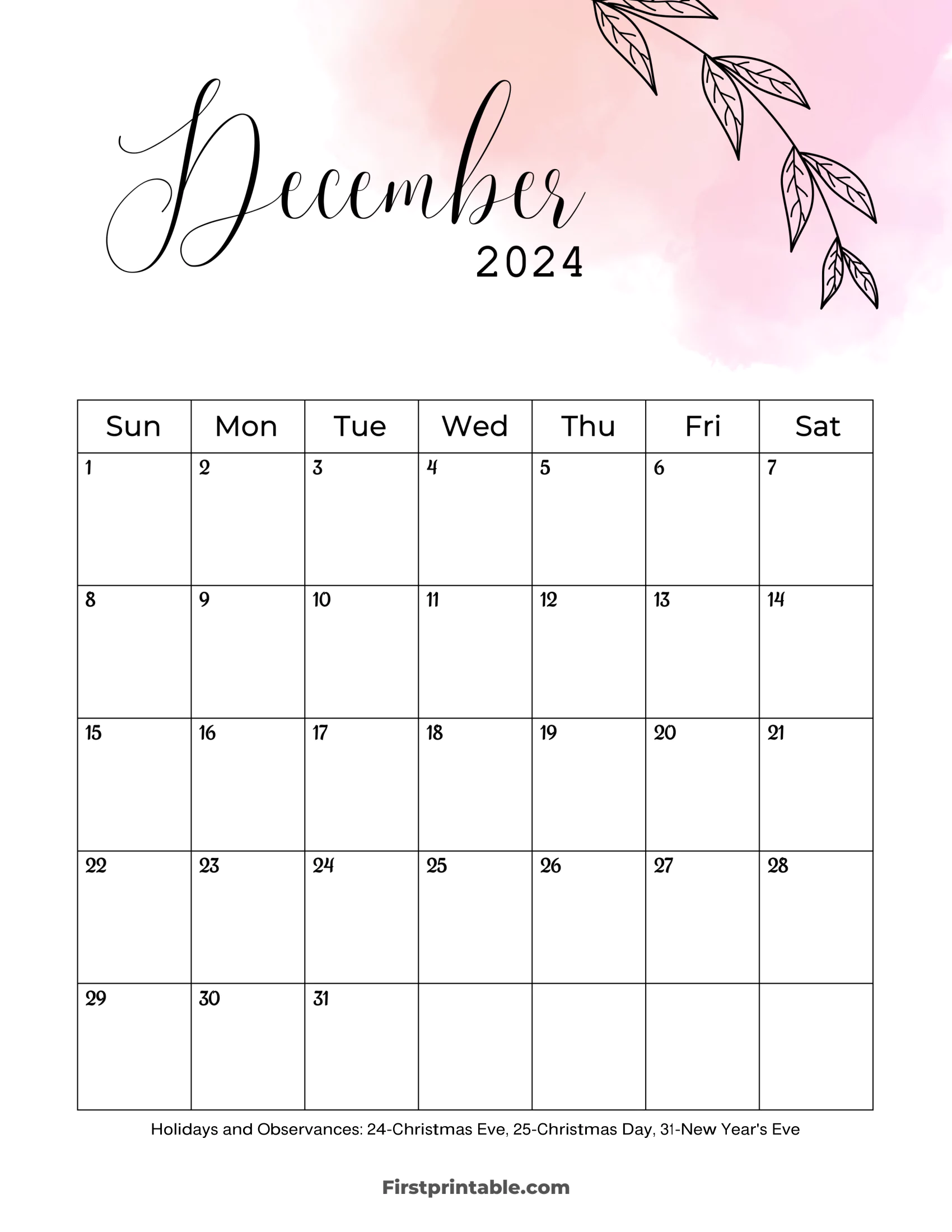 December Calendar 2024 Floral Printable & Fillable