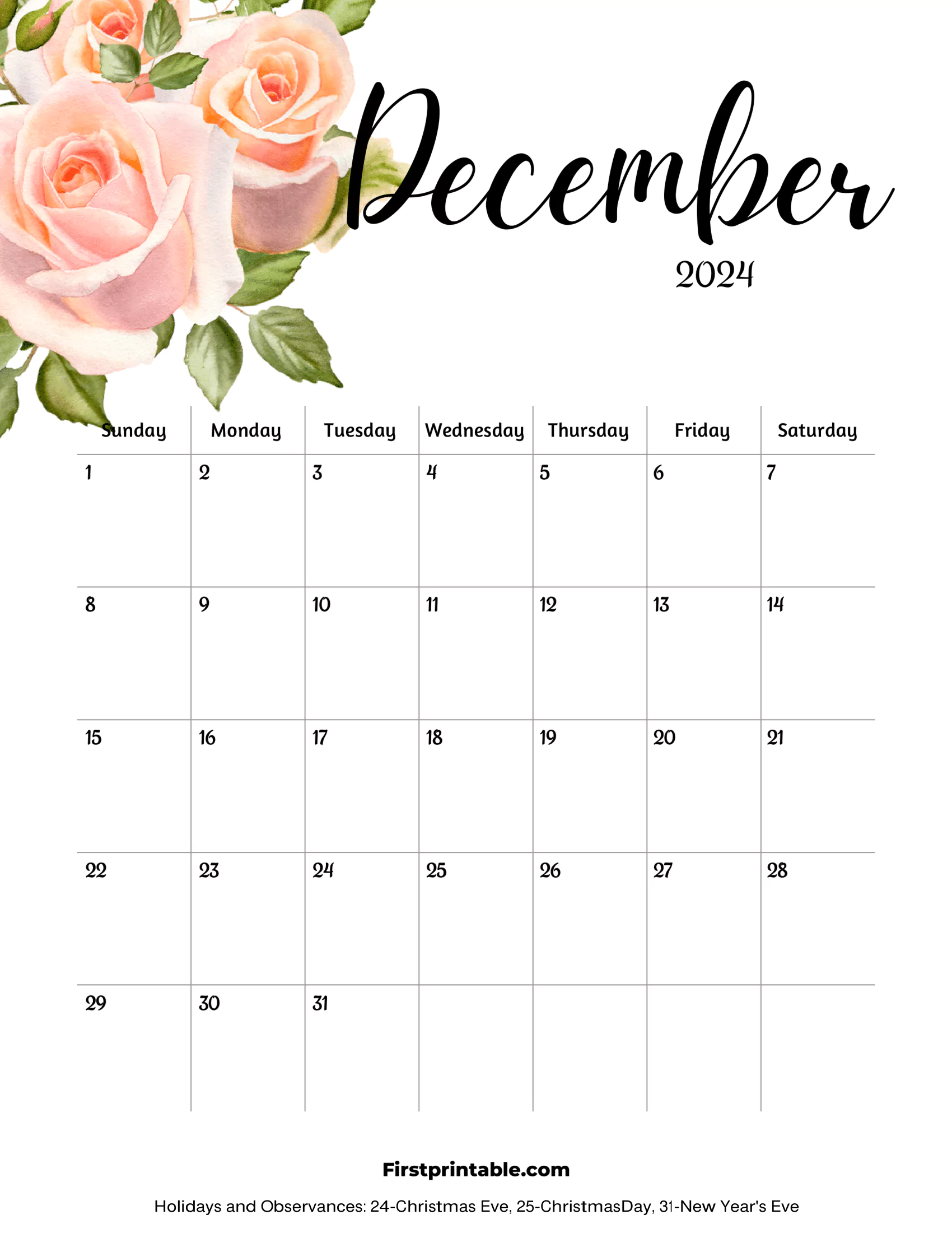 December Calendar 2024 Floral printable & Fillable with Holidays