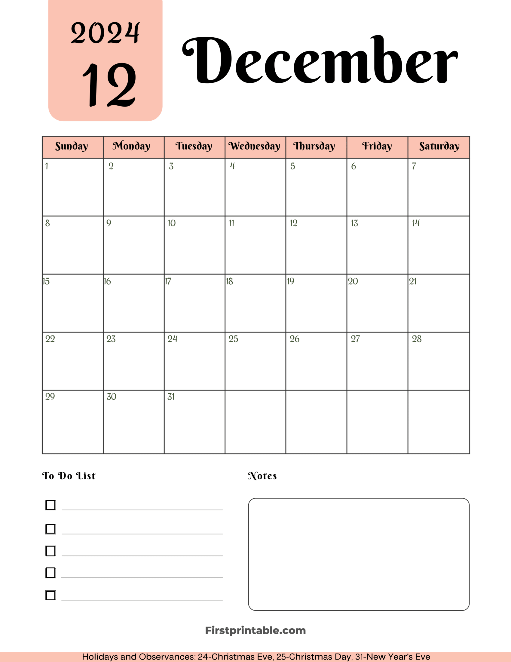 December Calendar 2024 Printable & Fillable Aesthetic Portrait