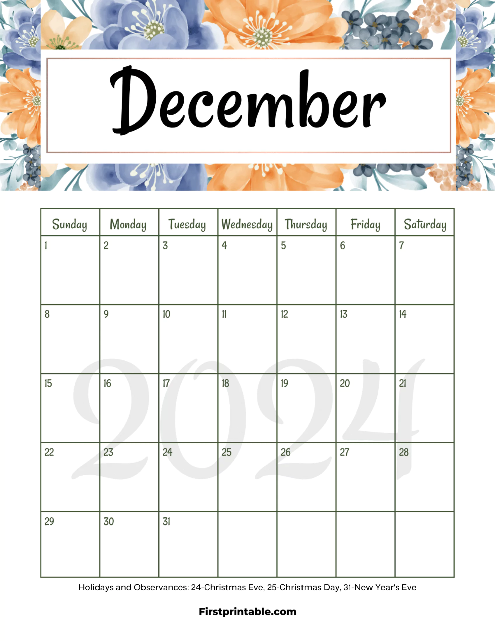 December Calendar 2024 Printable & Fillable Floral with US Holidays