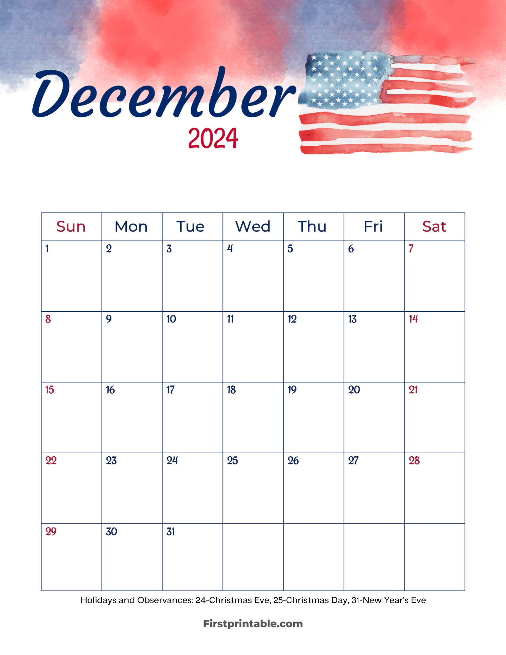 December Calendar 2024 Printable & Fillable with US Holidays