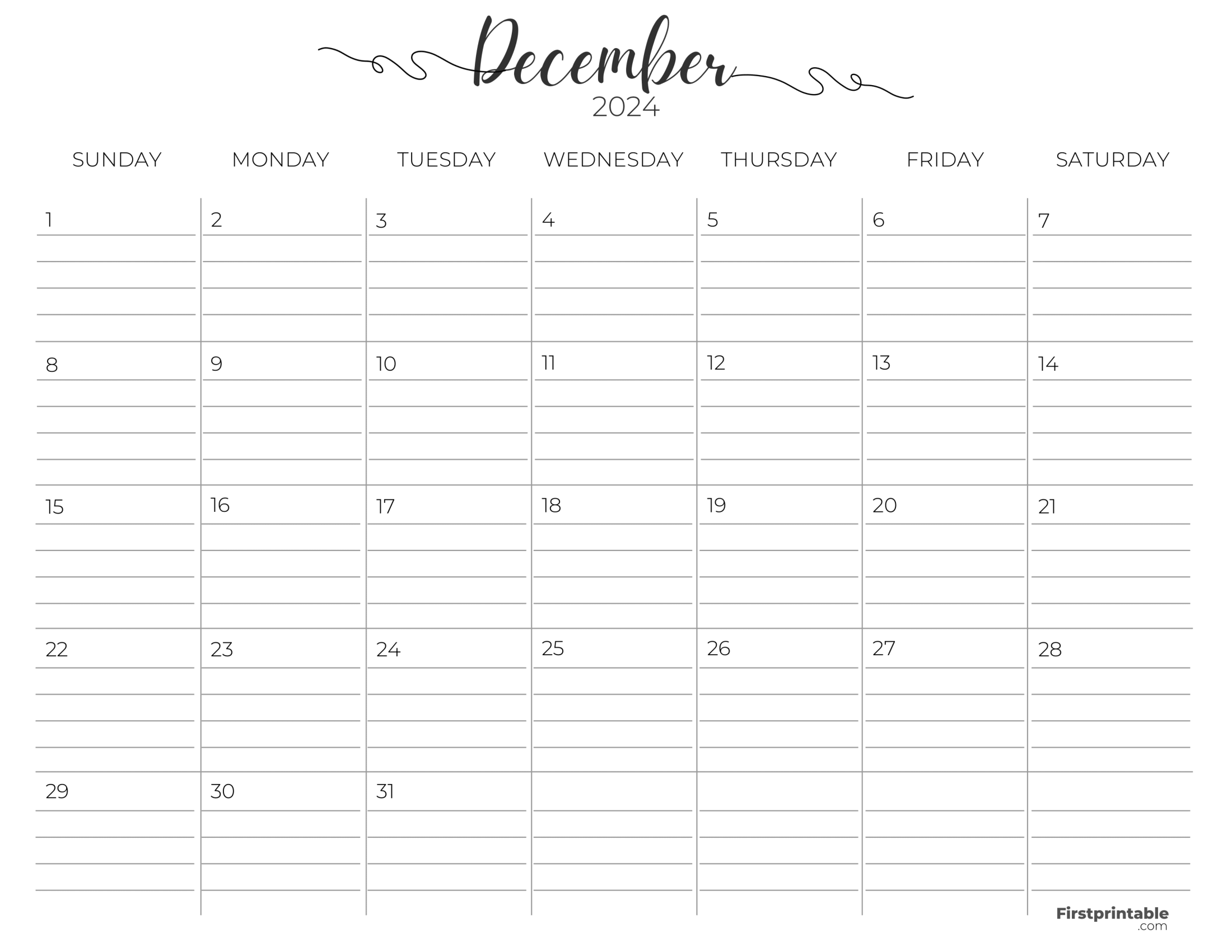 December Calendar 2024 with lines Printable & Fillable