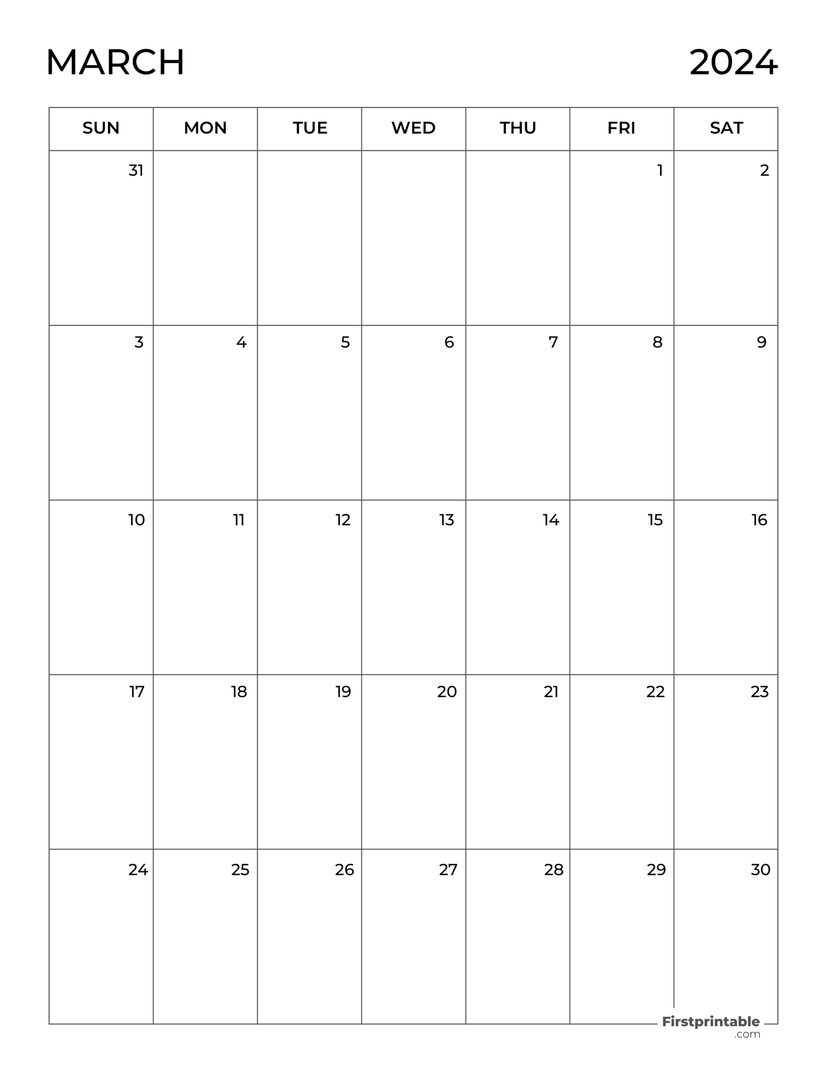 Fillable and Printable March blank calendar monthly planner 2024