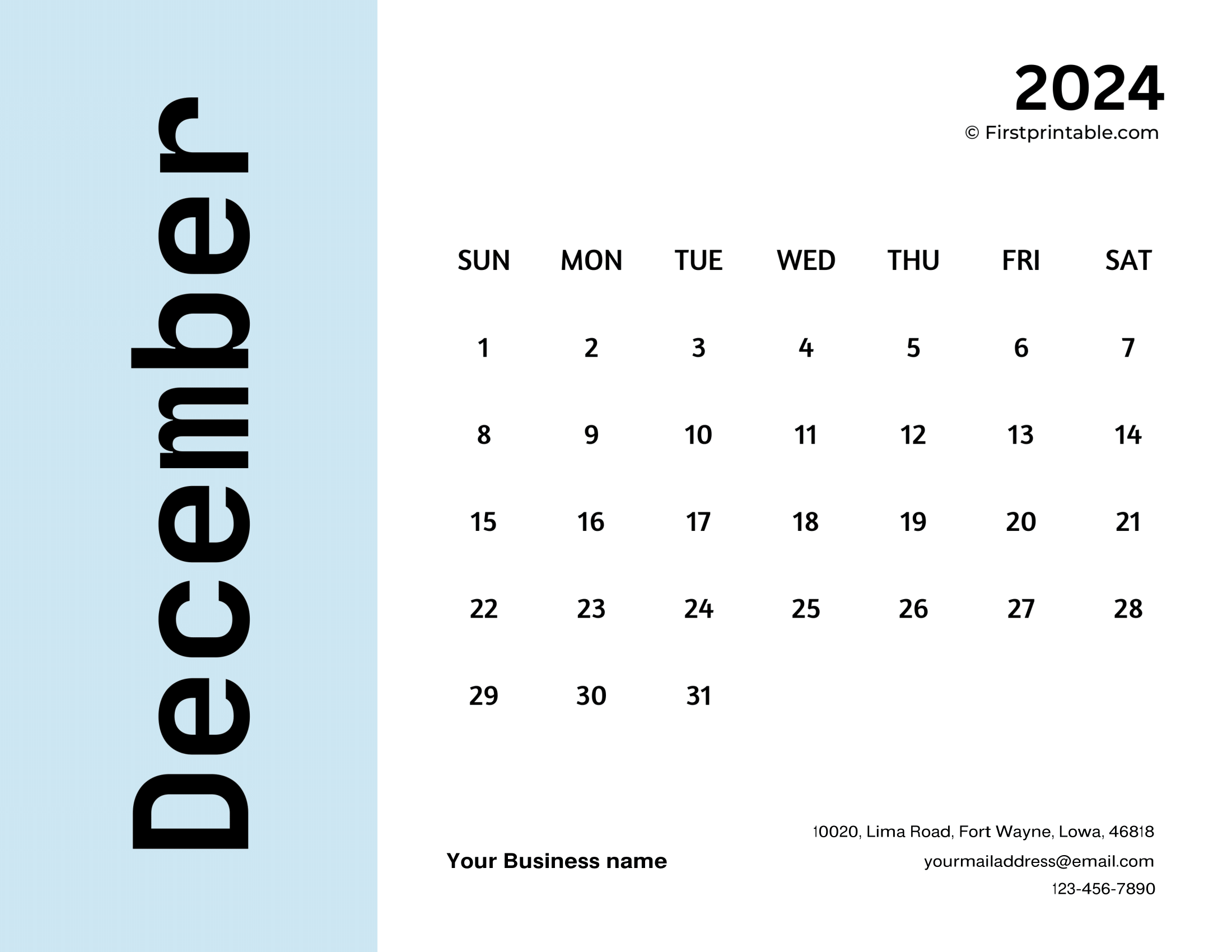 Free Printable, Editable & Fillable December Calendar 2024 business