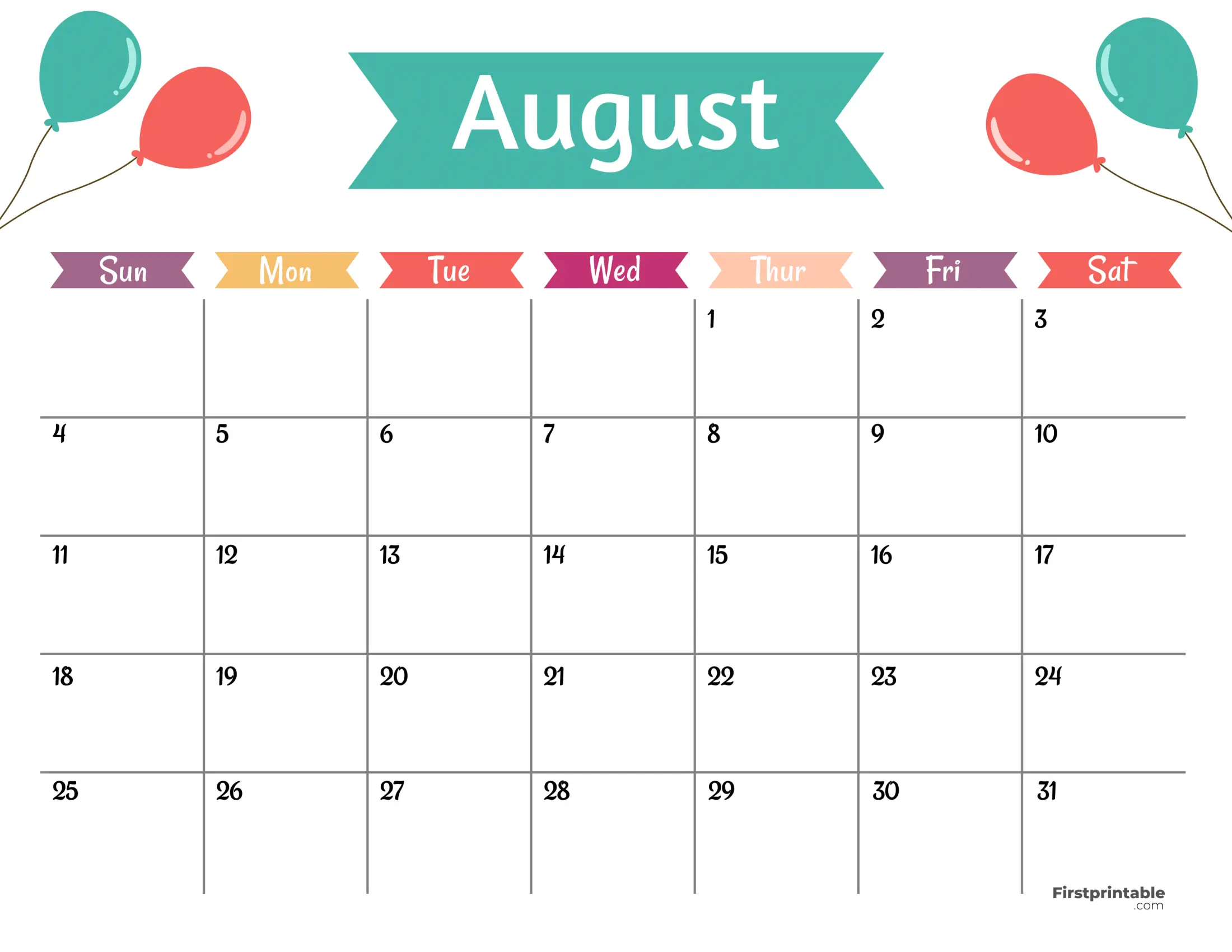 Free Printable & Fillable August Calendar 2024 kid friendly