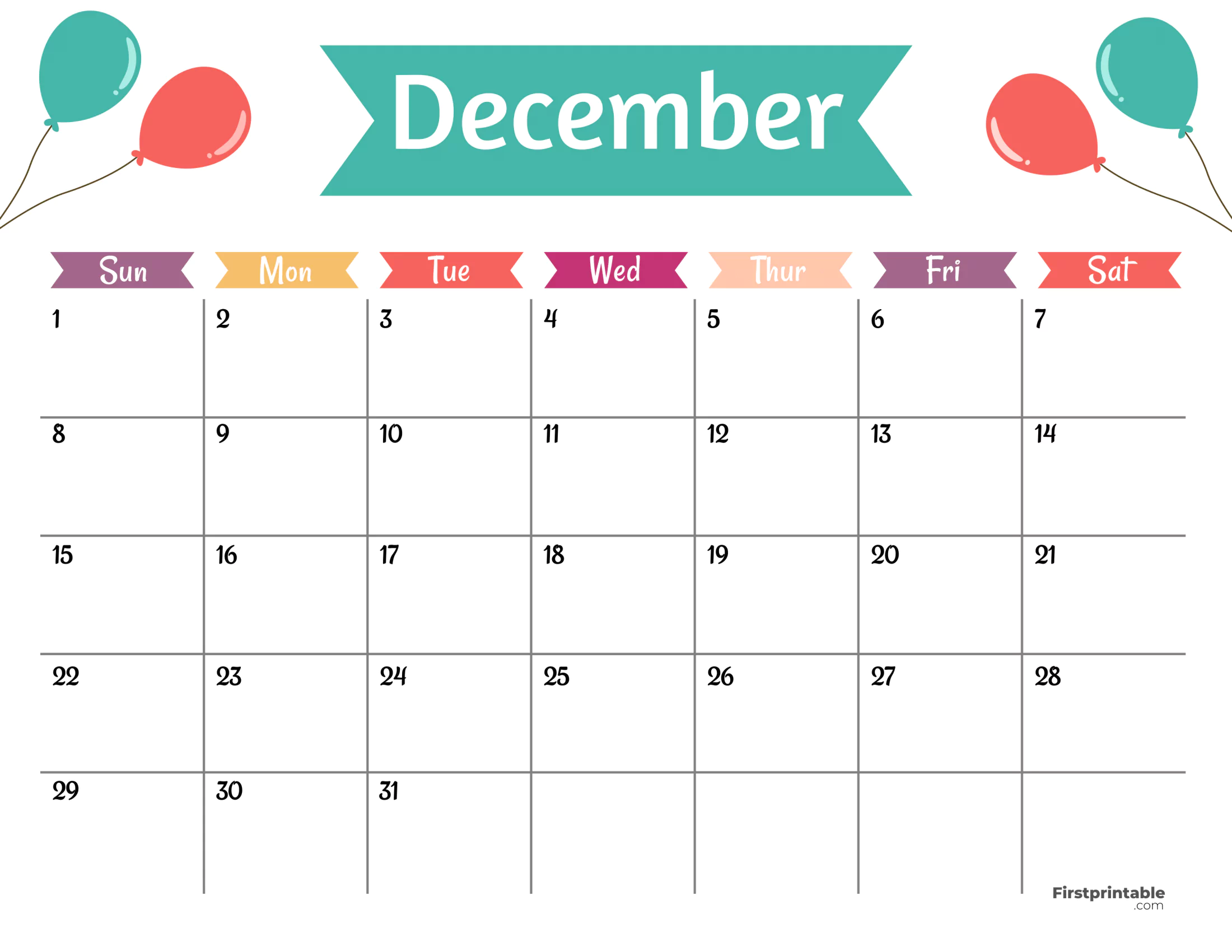 Free Printable & Fillable December Calendar 2024 kid friendly