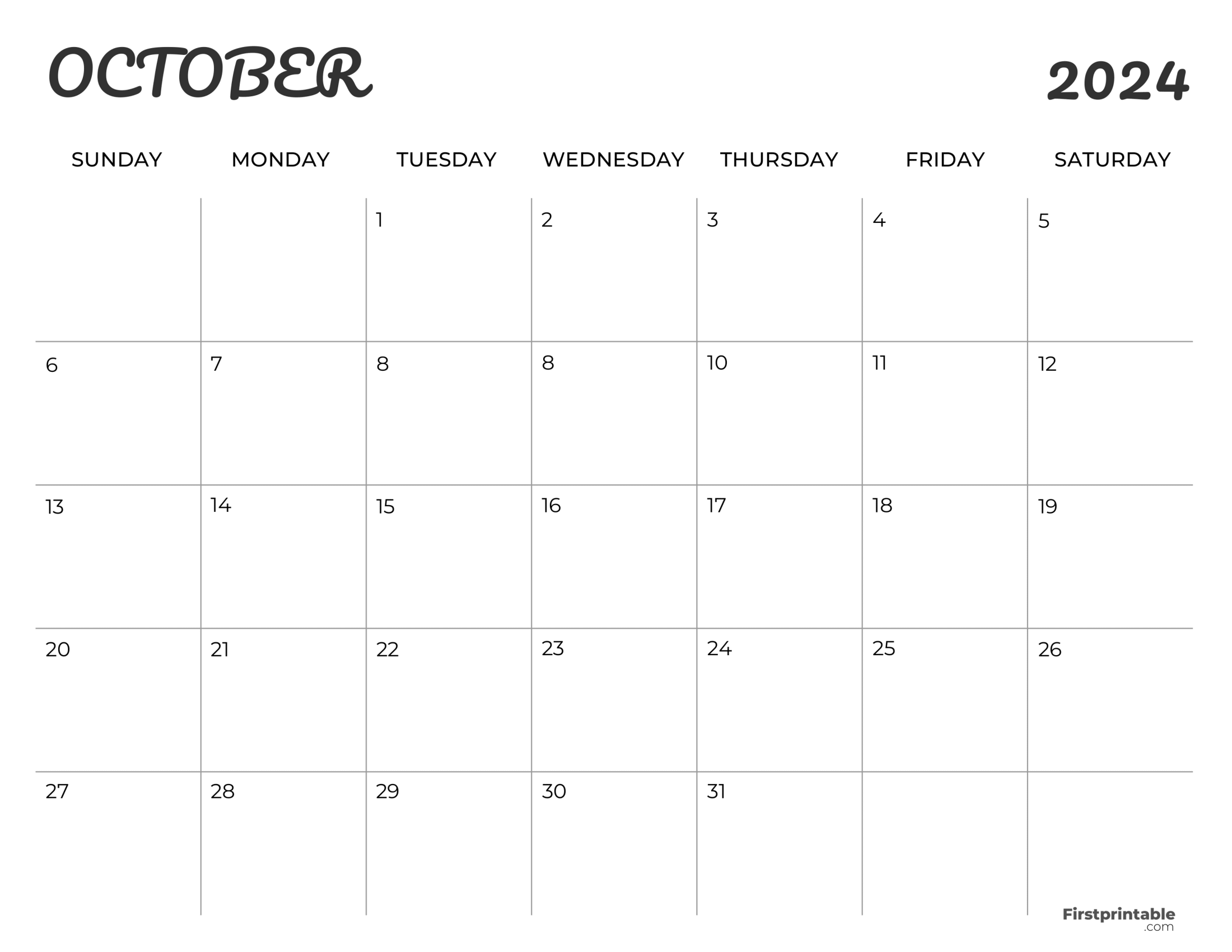 Free Printable & Fillable October Calendar 2024 Minimalist