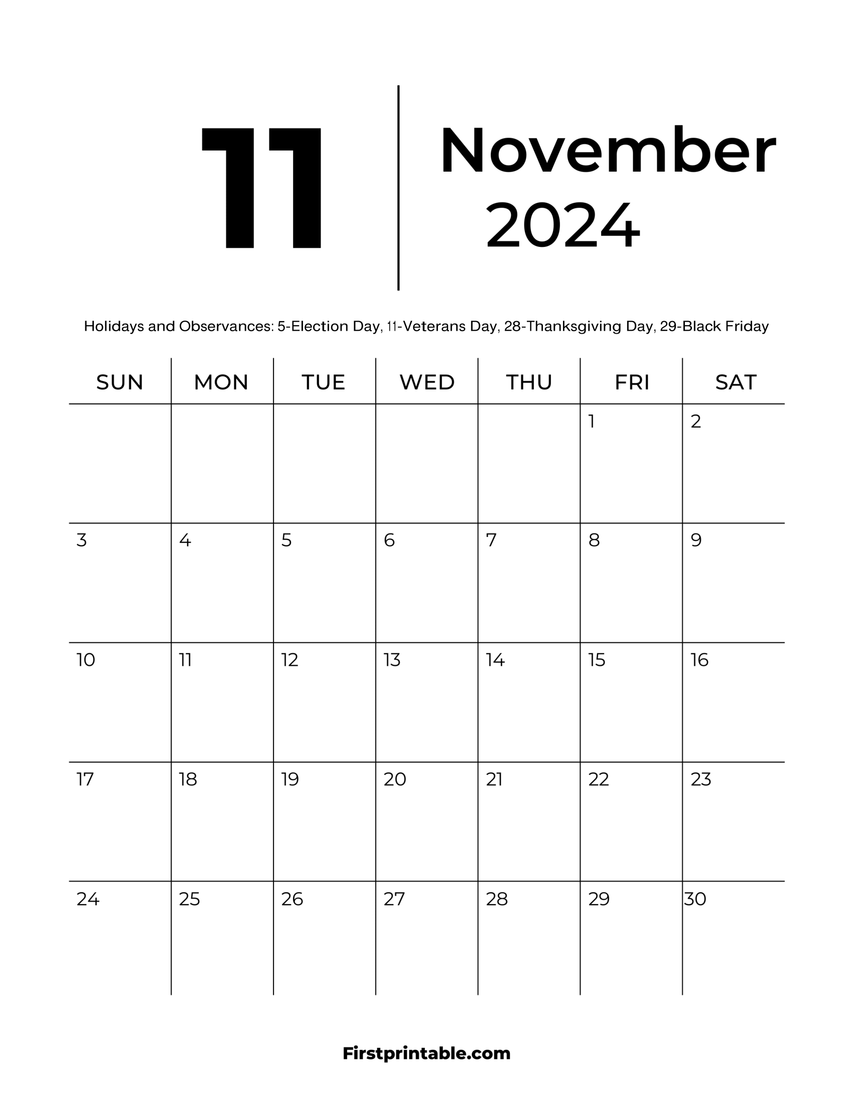 November Calendar 2024 Blank with Holidays Printable & fillable pdf