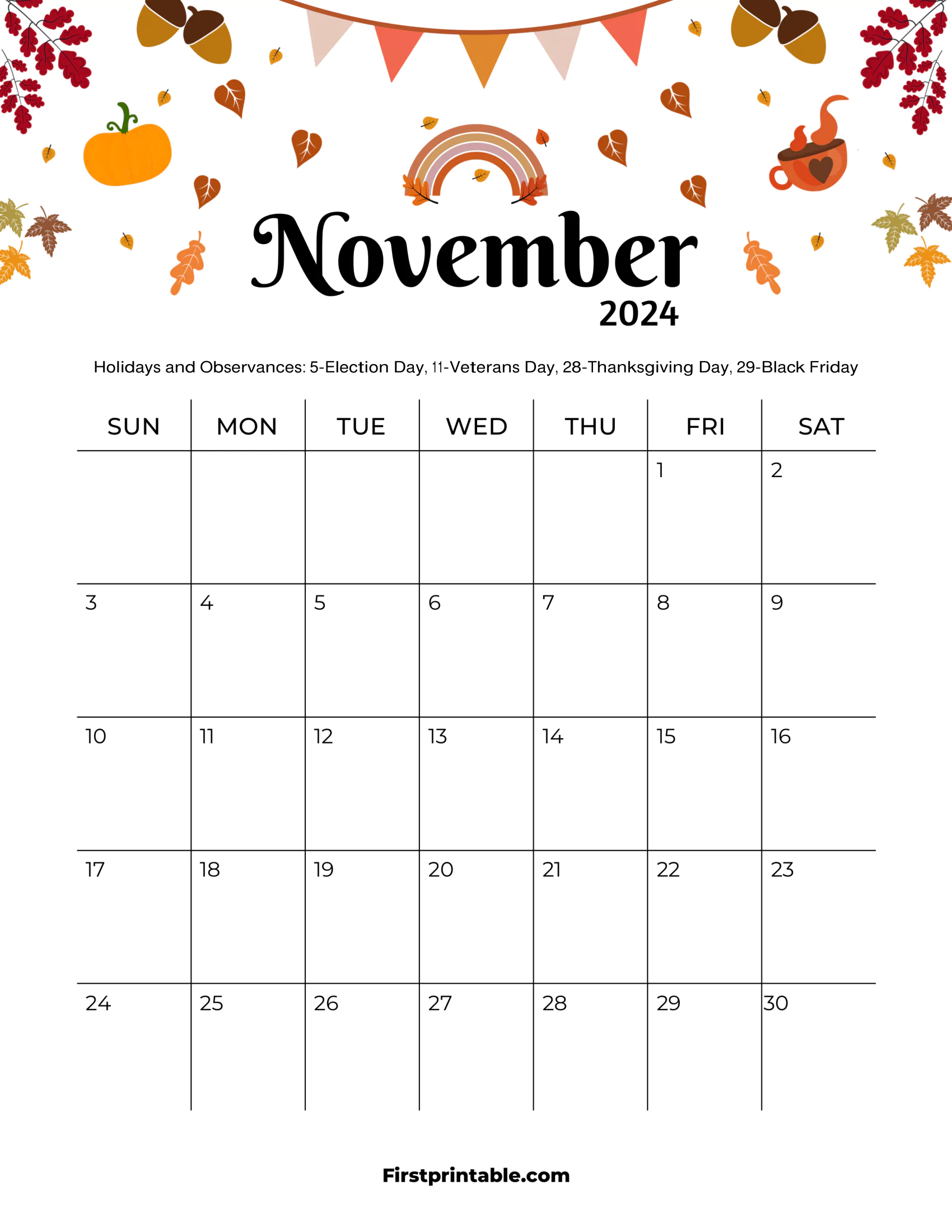 November Calendar 2024 Fall Themed