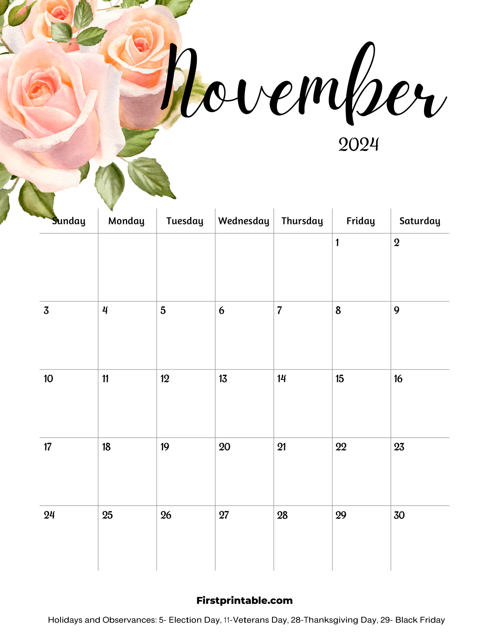 November Calendar 2024 Floral printable & Fillable with Holidays