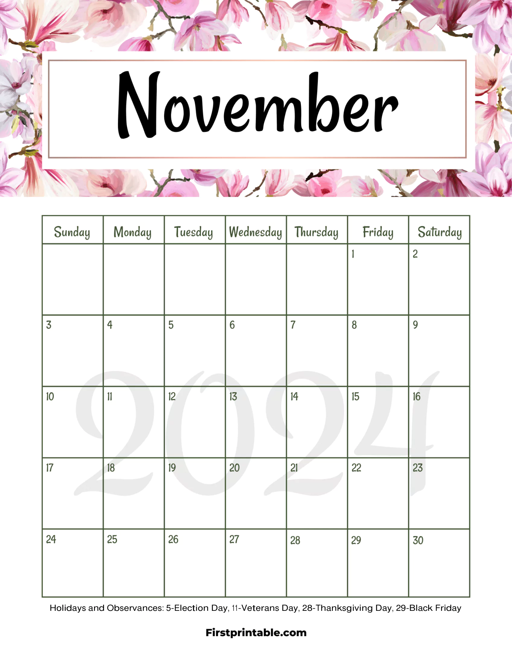 November Calendar 2024 Printable & Fillable Floral with US Holidays