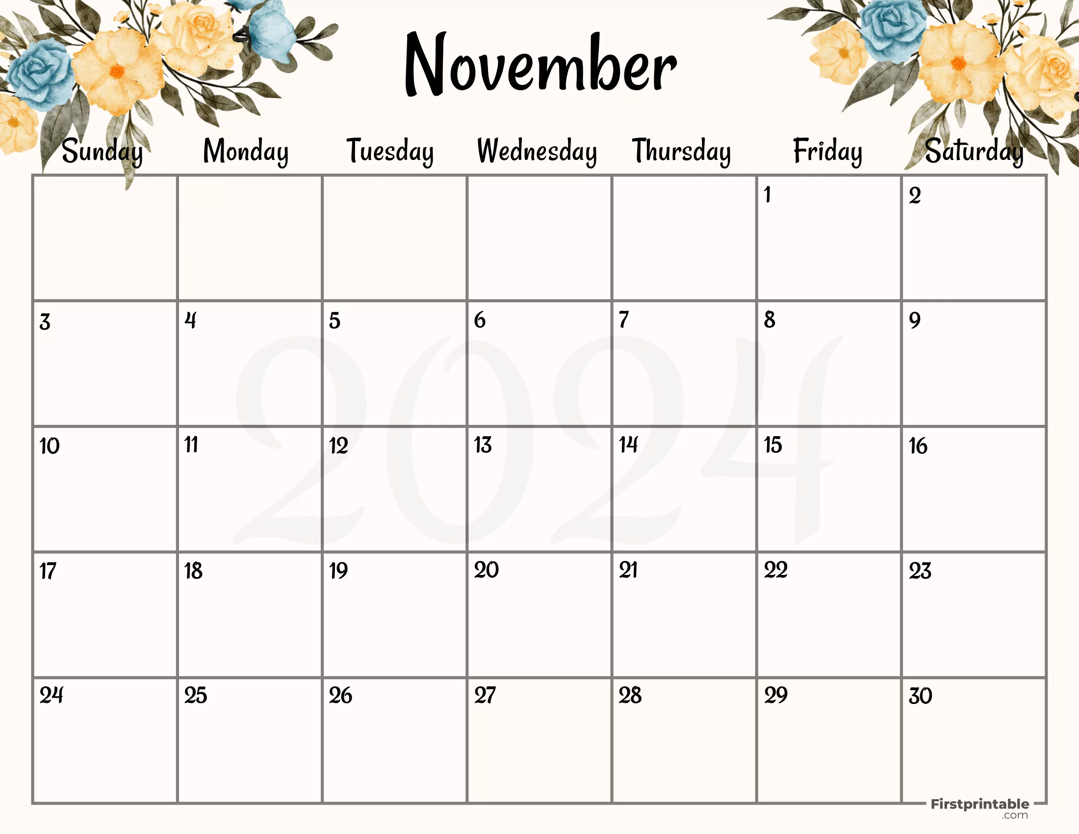 November Calendar 2024 Printable & Fillable Floral