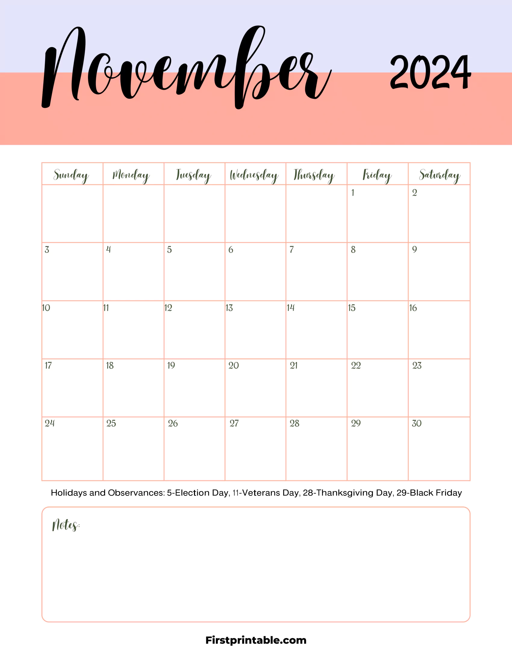 November Calendar 2024 Printable & Fillable with notes (With Holidays)