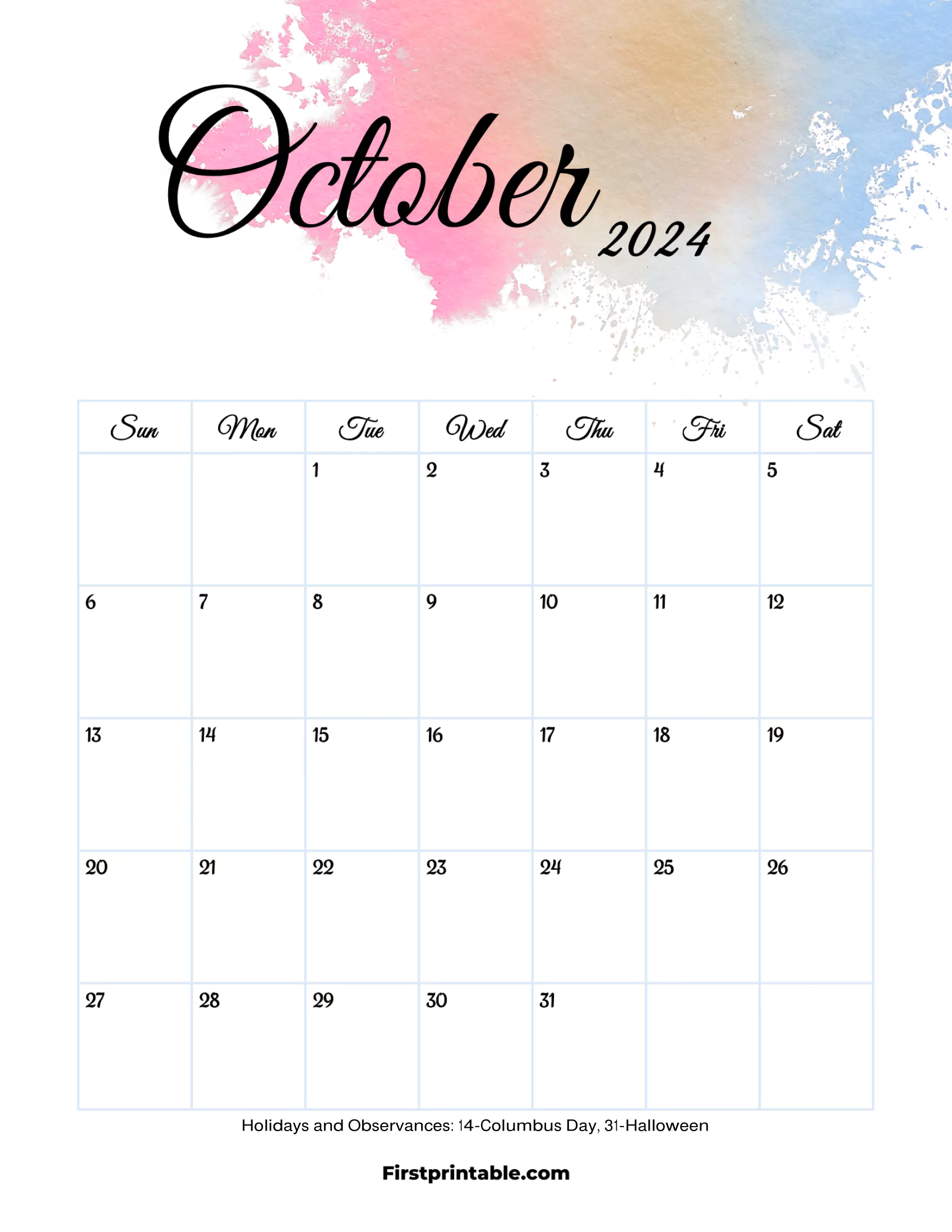 October Calendar 2024 Aesthetic Printable & Fillable