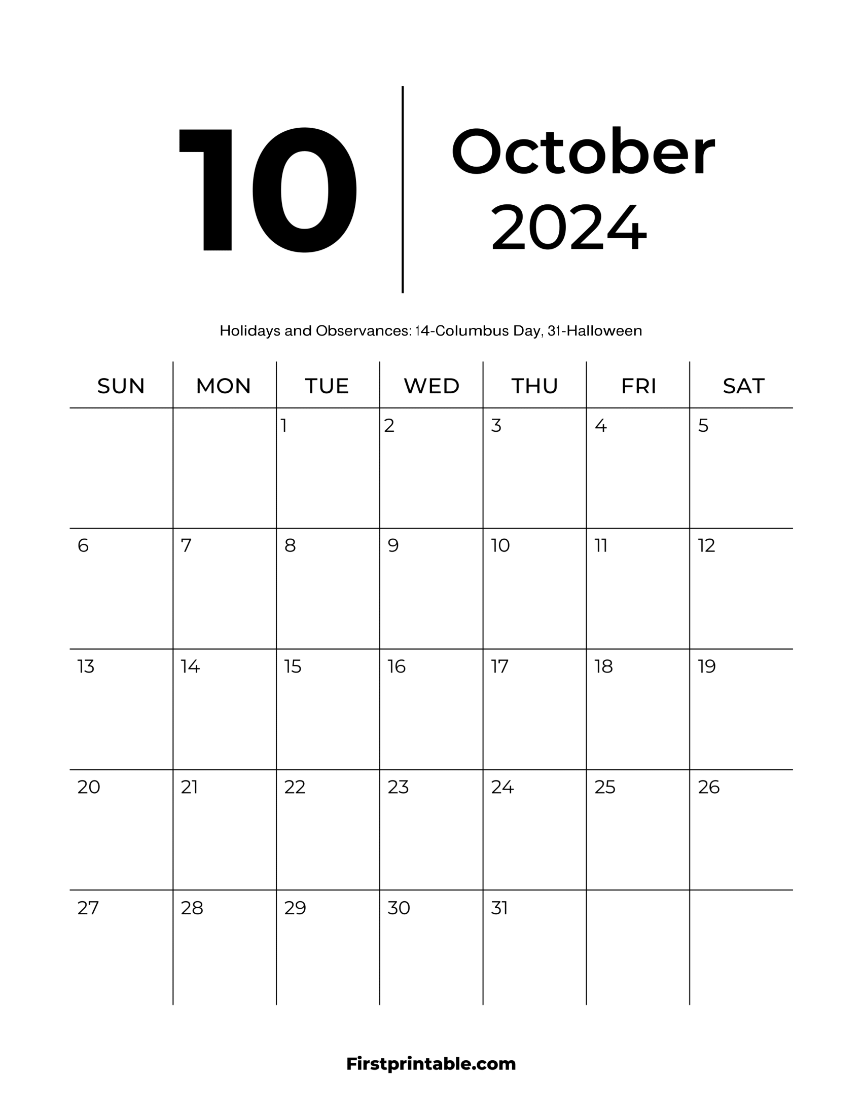 October Calendar 2024 Blank with Holidays Printable & fillable pdf