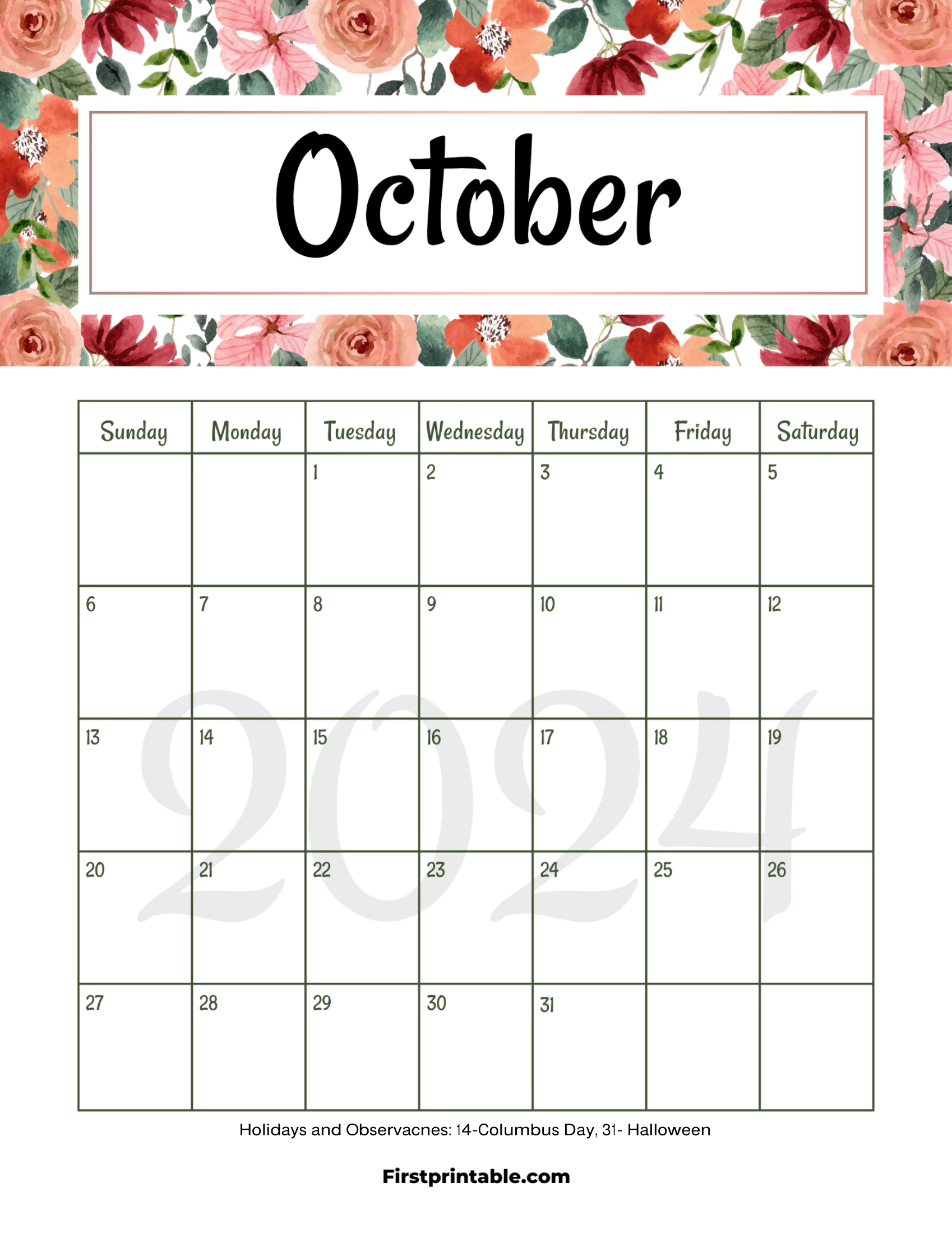 October Calendar 2024 Printable & Fillable Floral with US Holidays