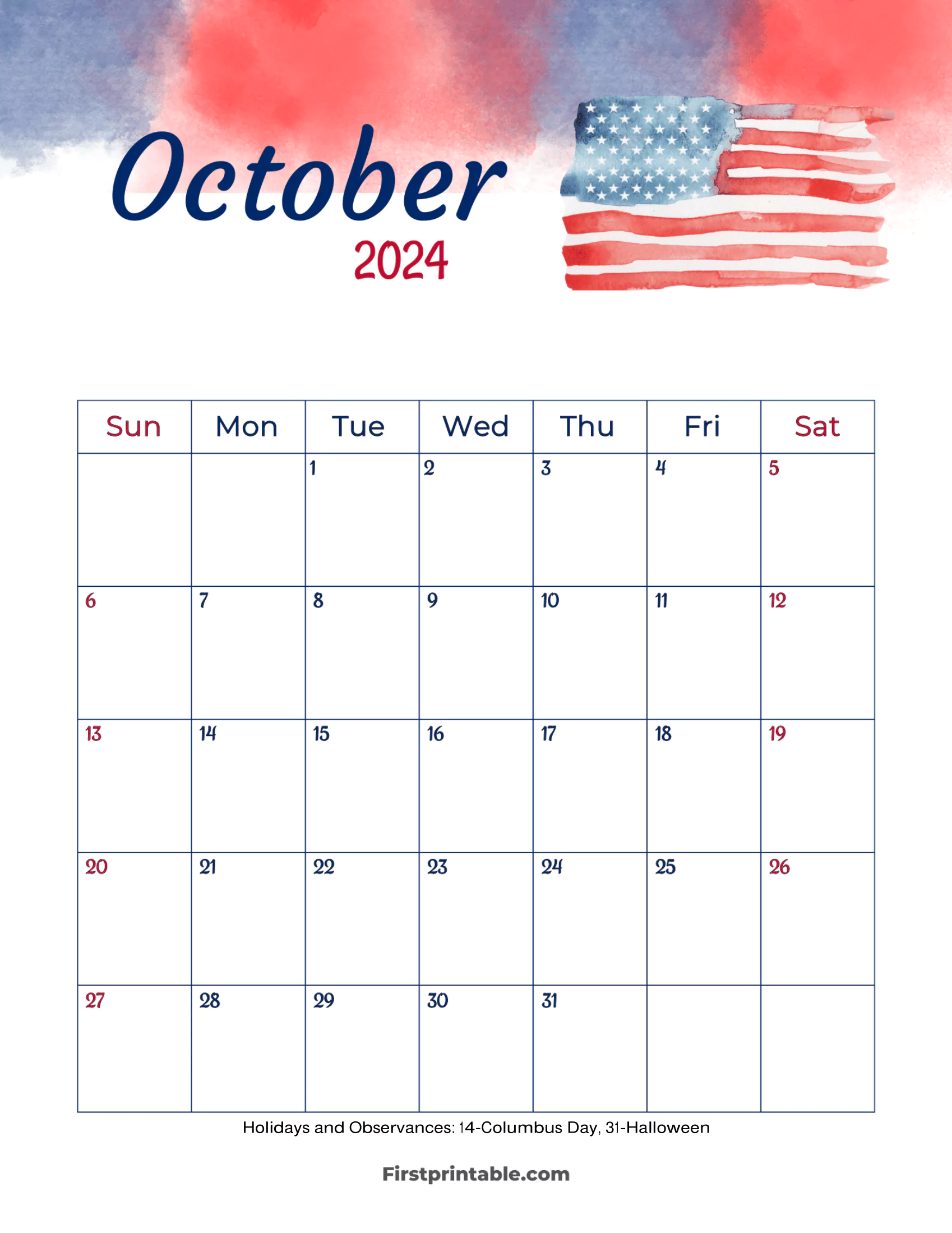 October Calendar 2024 Printable & Fillable with US Holidays