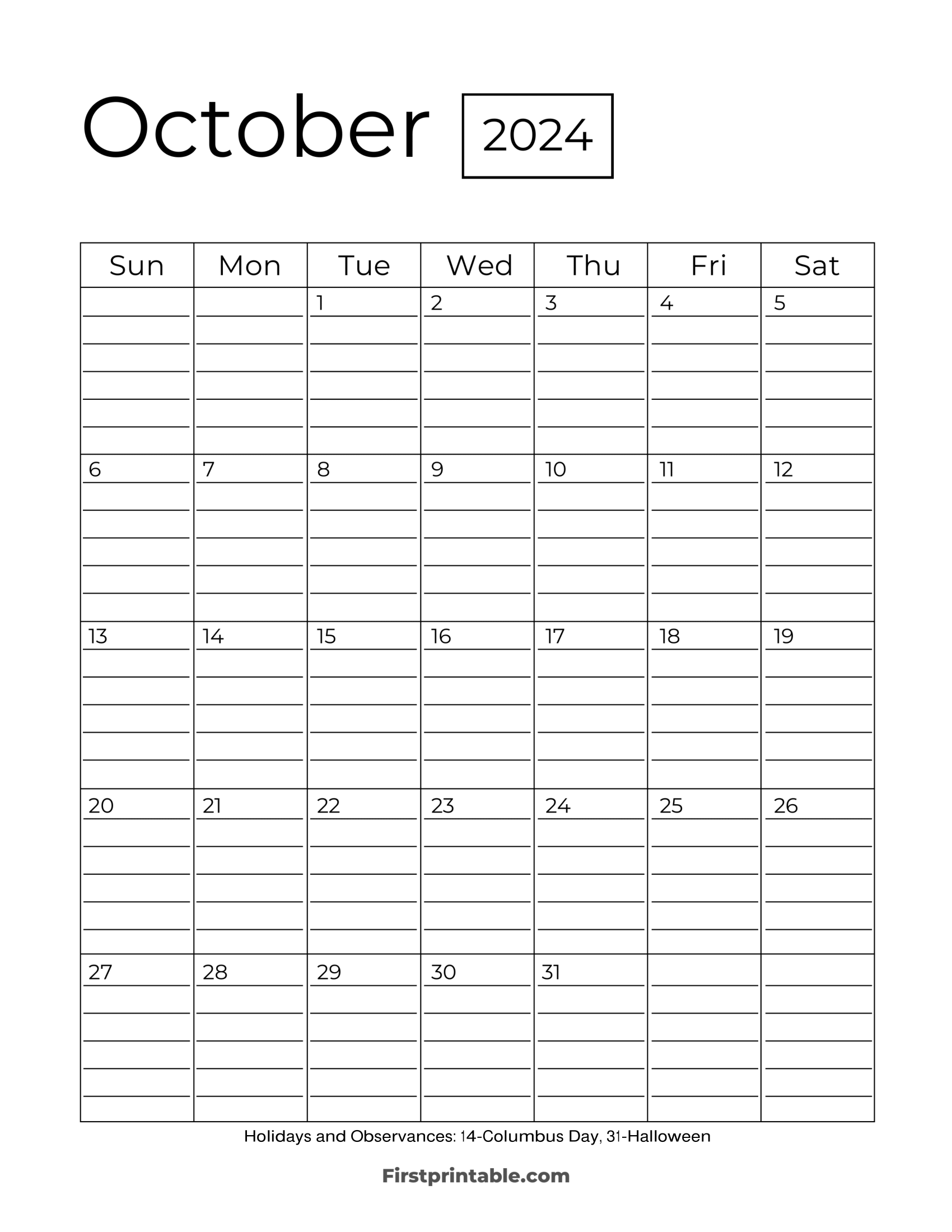 October Calendar 2024 Template with lines Printable & Fillable pdf
