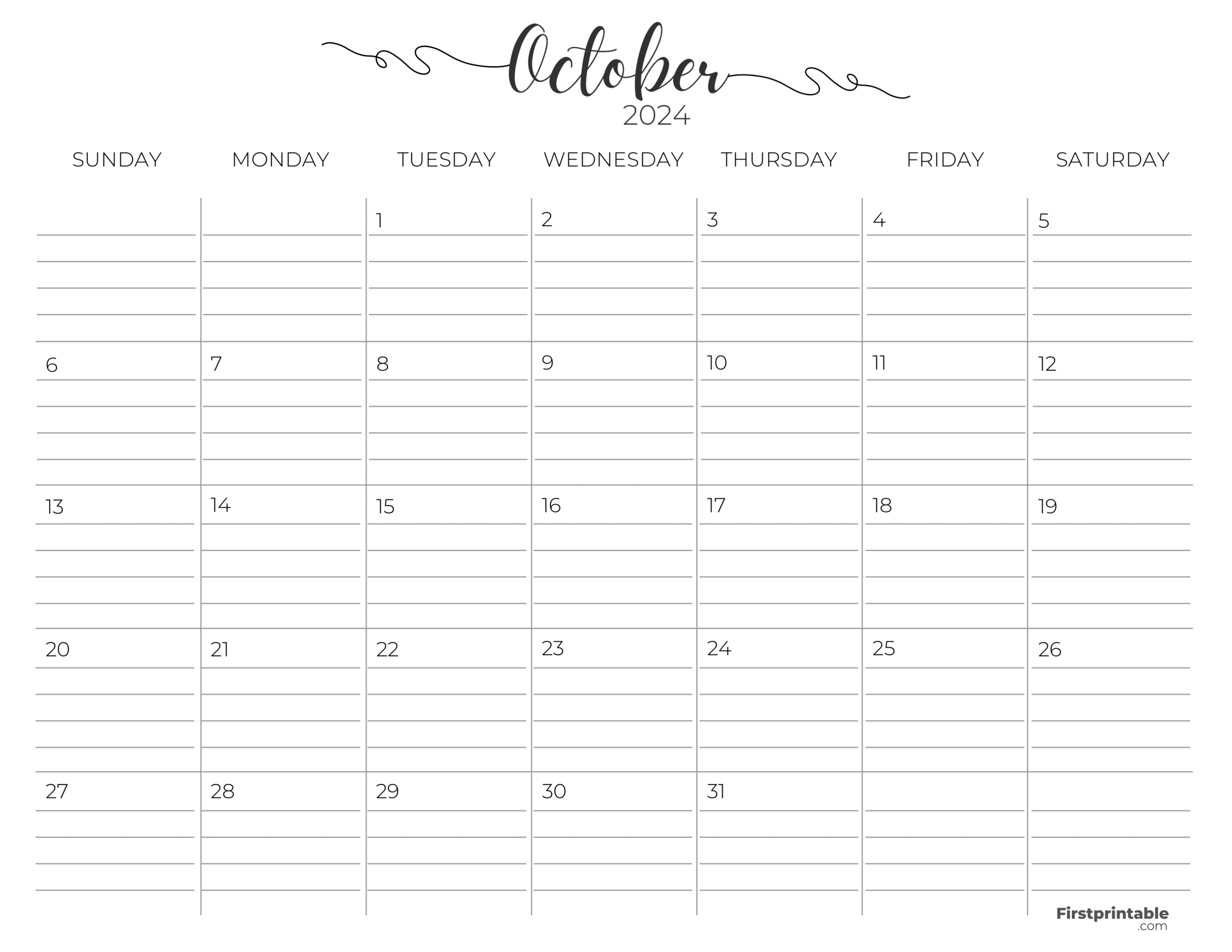 October Calendar 2024 with lines Printable & Fillable