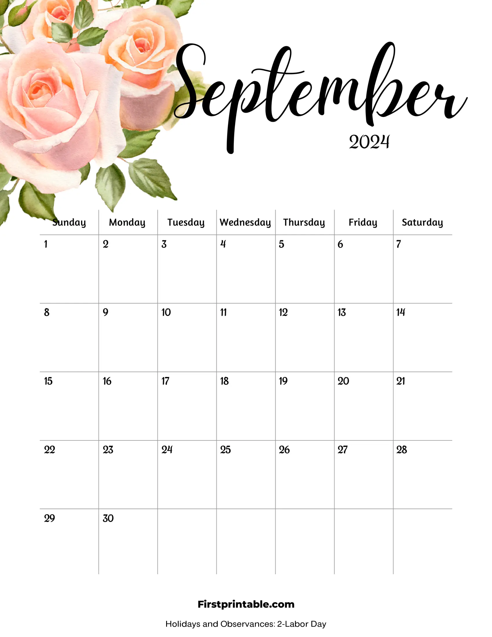 September Calendar 2024 Floral printable & Fillable with Holidays