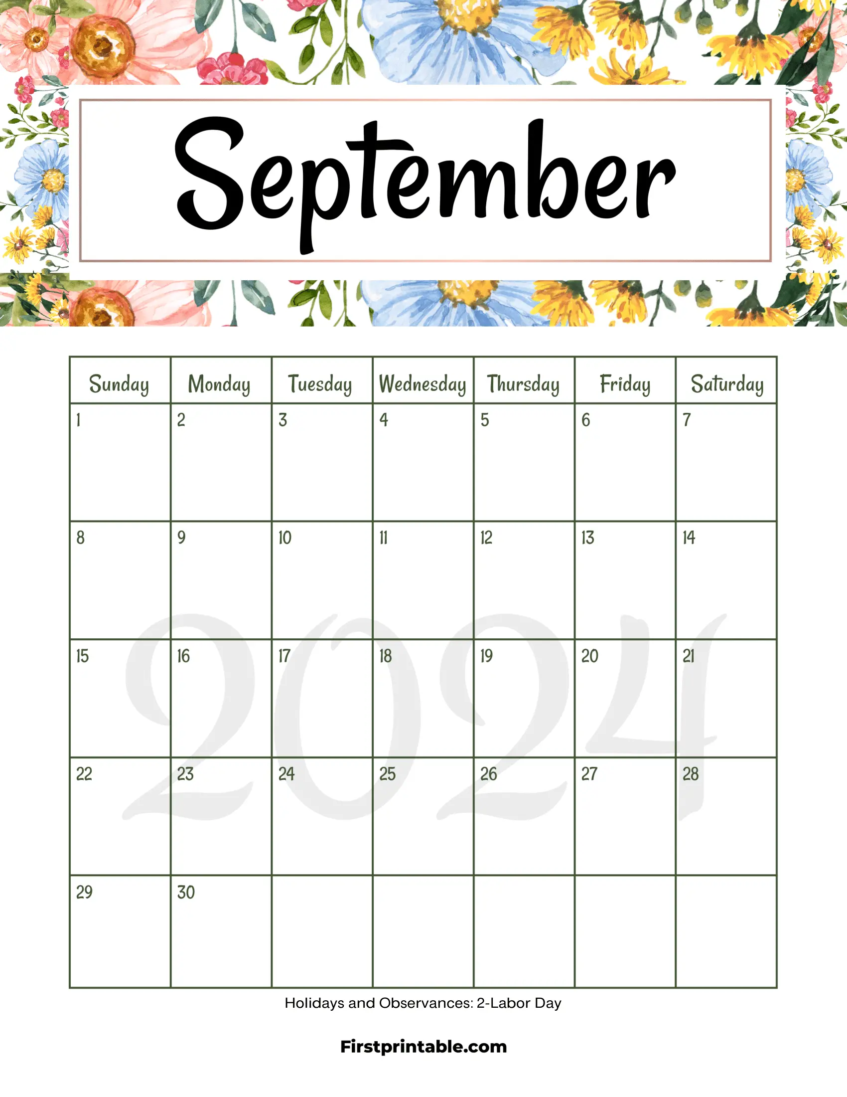 September Calendar 2024 Printable & Fillable Floral with US Holidays