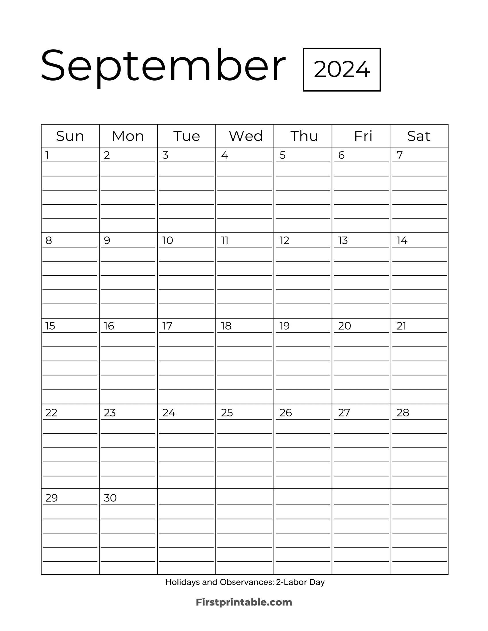 September Calendar 2024 Template with lines Printable & Fillable pdf