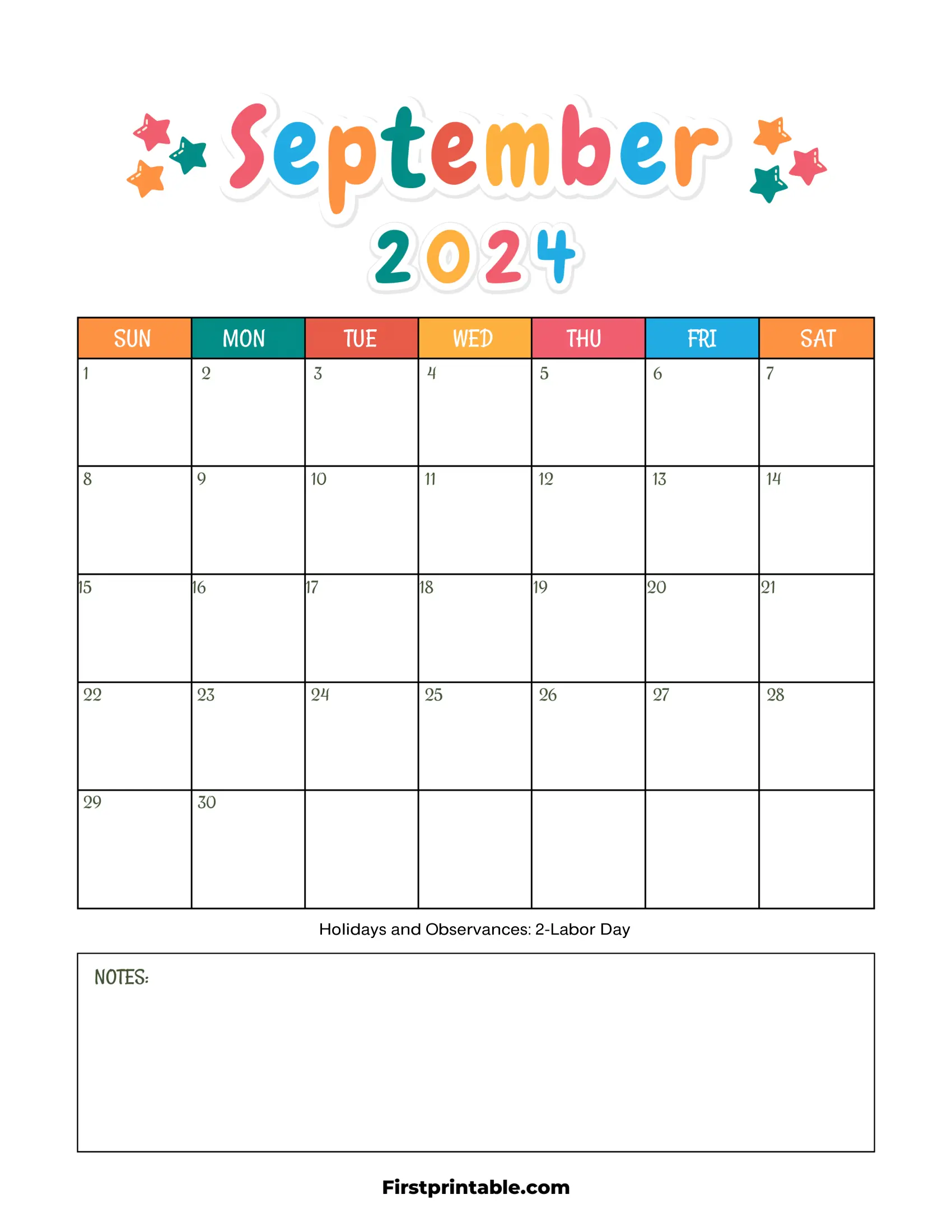 September Calendar 2024 for kids Printable & fillable