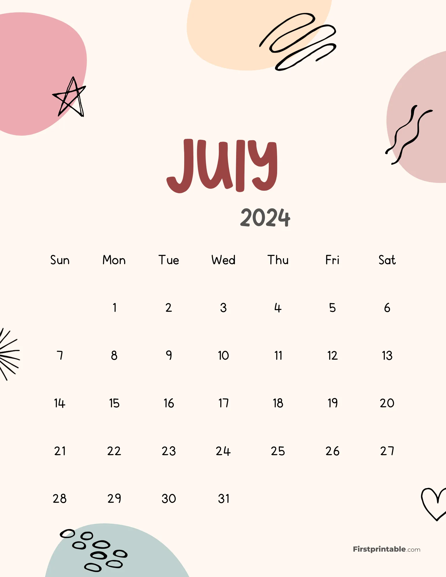 July 2024 Cute Abstract Calendar- Aesthetic Design