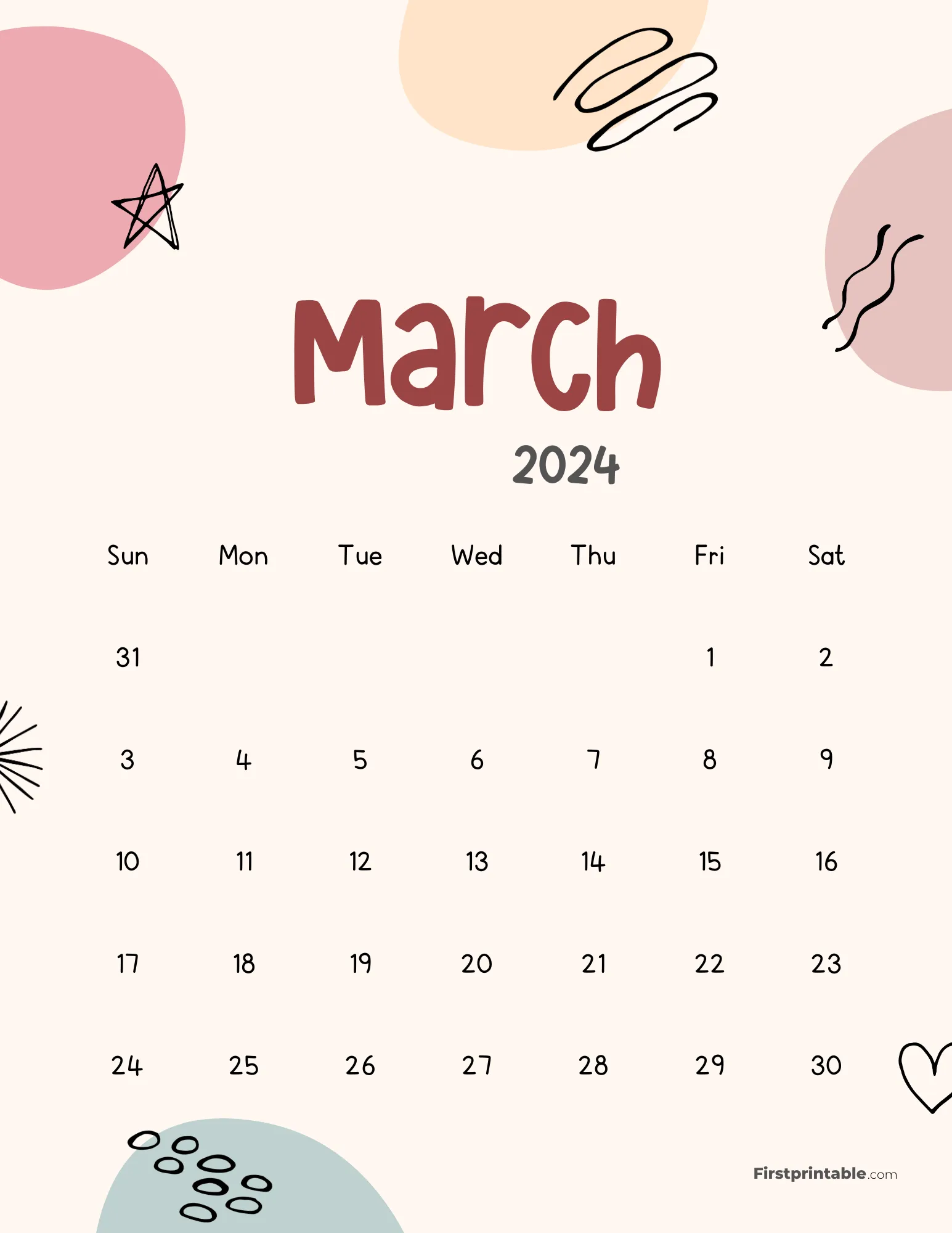 Cute Aesthetic Printable 2024 Monthly Calendar