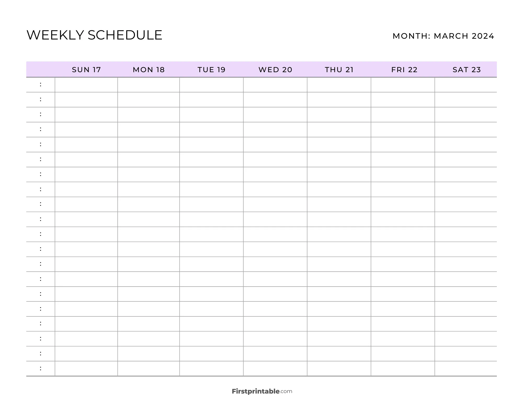 March 2024 Printable Weekly Schedule Template 02 - Purple