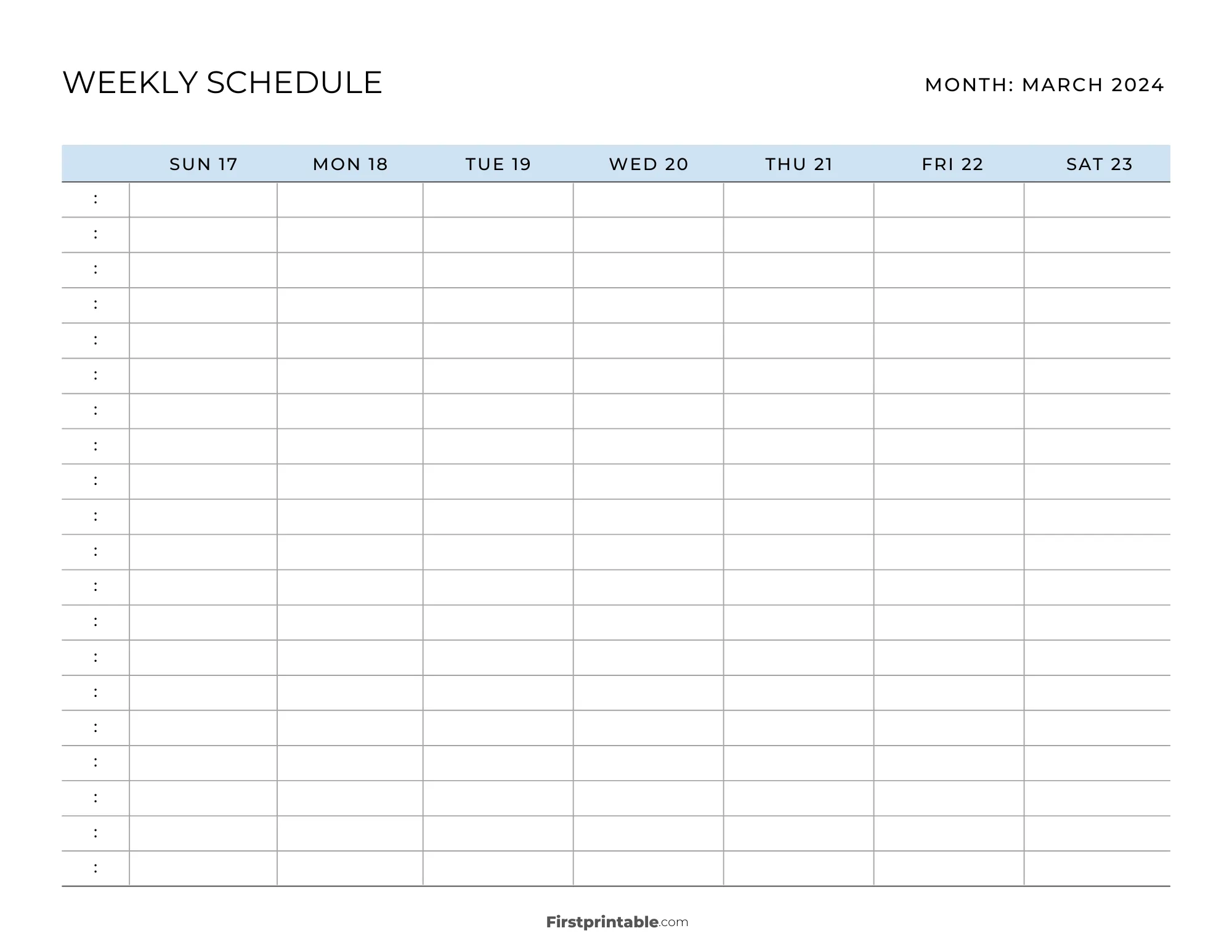 March 2024 Printable Weekly Schedule Template 04 - Blue