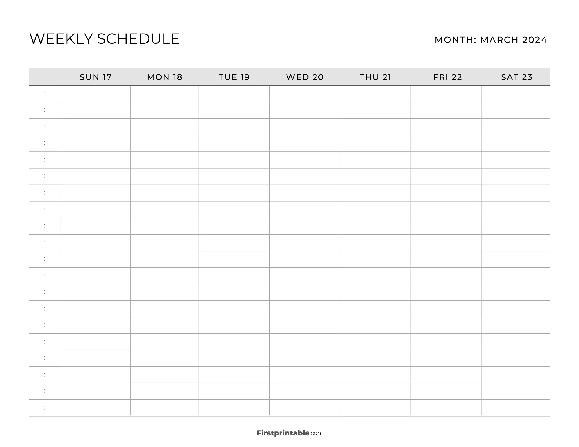 March 2024 Printable Weekly Schedule Template 05 - Grey