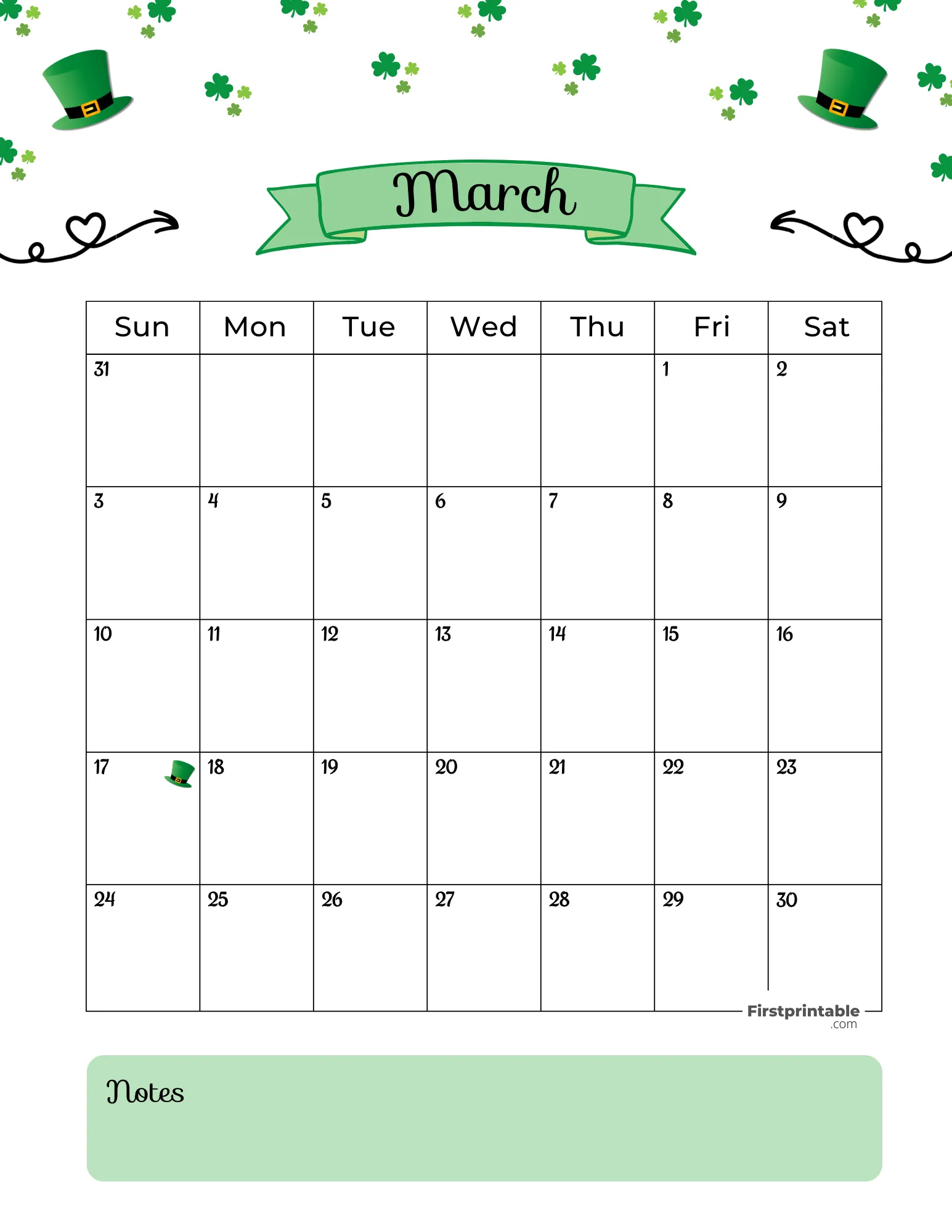 March Calendar 2024 St Patrick's Template 01