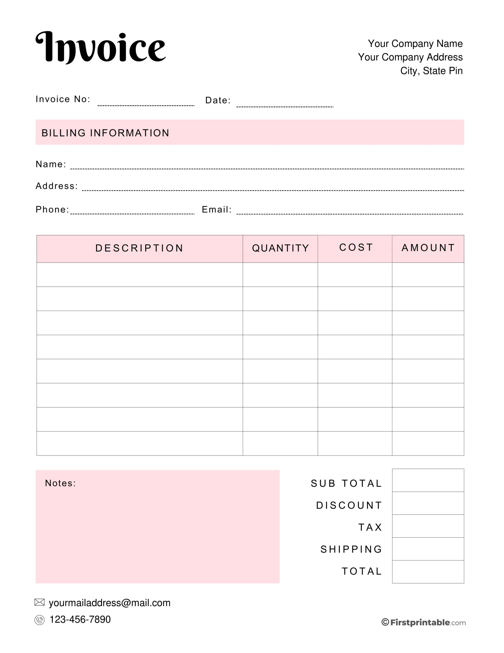 Modern Blank Invoice Printable Template - Pink - Editable PDF